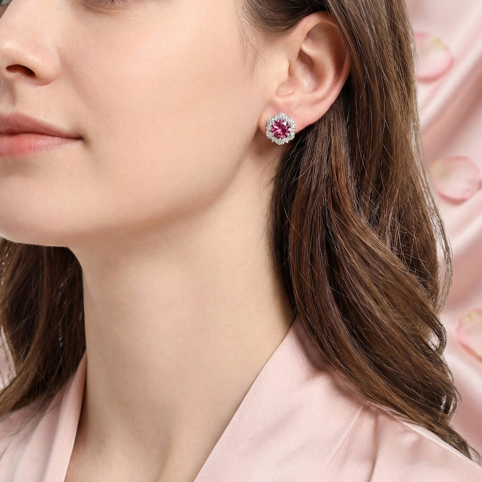 Woman wearing the Marisette pink tourmaline halo stud earrings in S925 sterling silver for a lifestyle look.