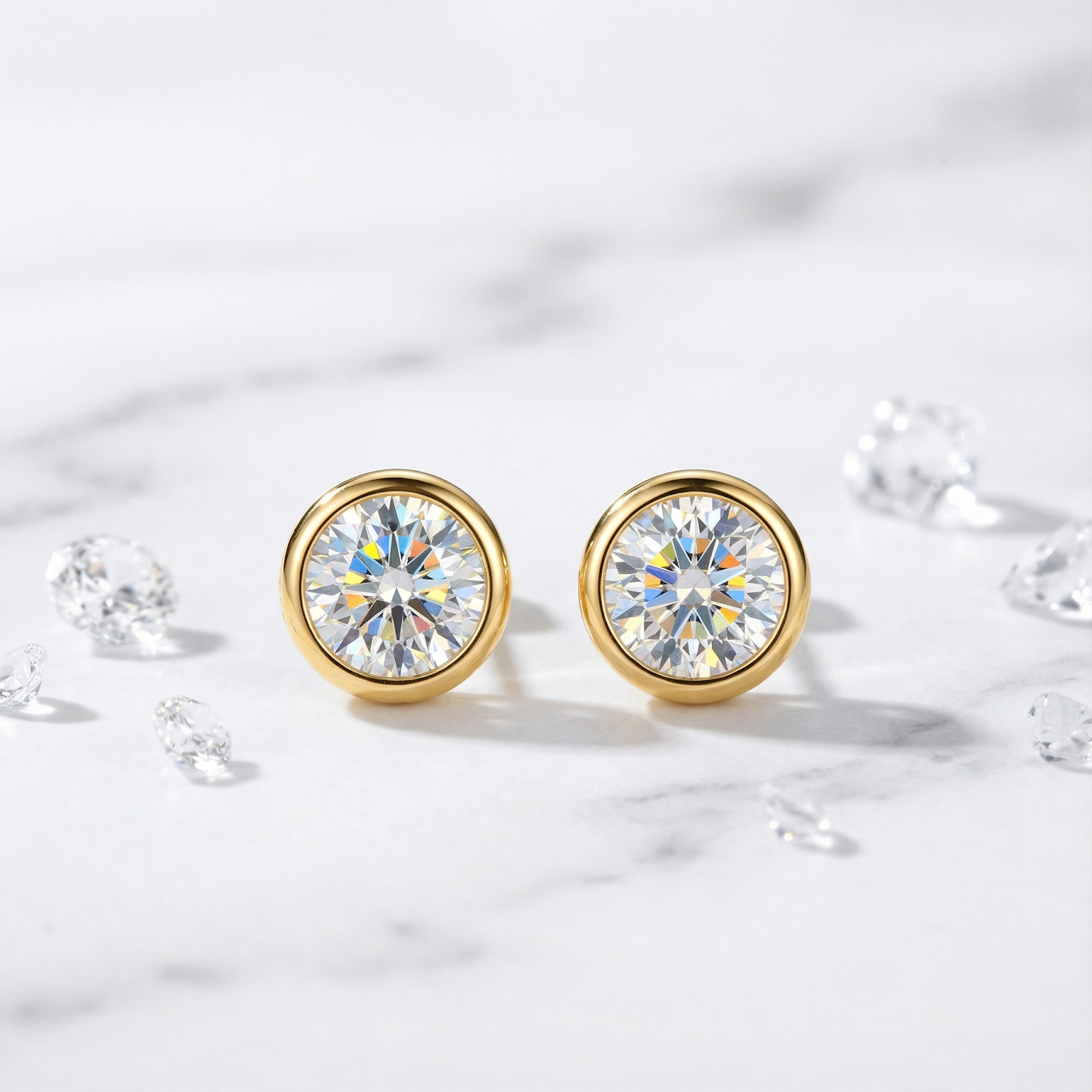 Front view of gold vermeil bezel stud earrings with round cut simulated diamonds on a marble background.