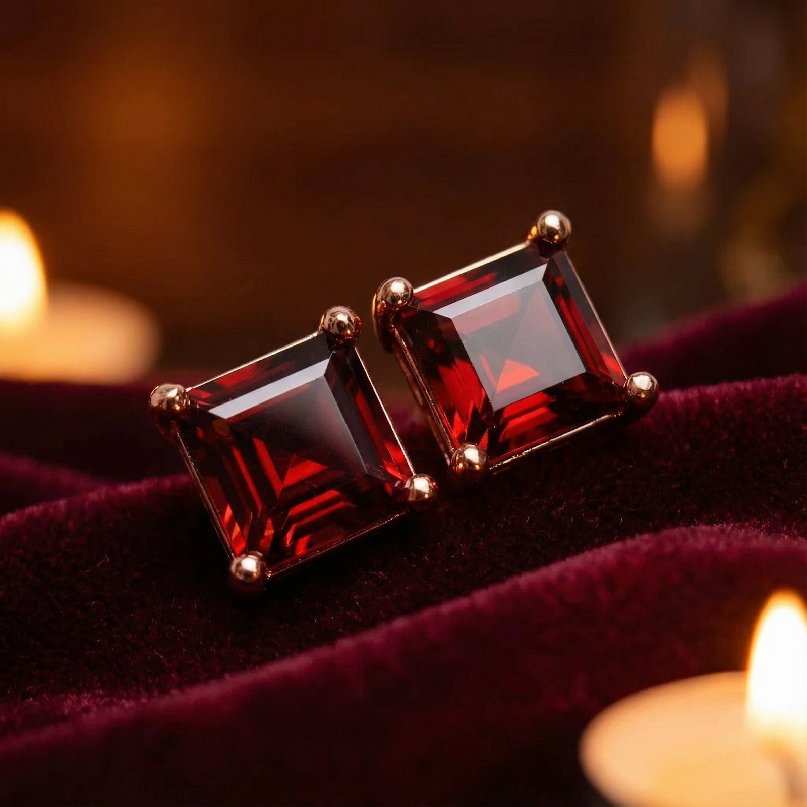 Macro shot of square emerald cut simulated garnet stud earrings in rose gold vermeil on a velvet background.