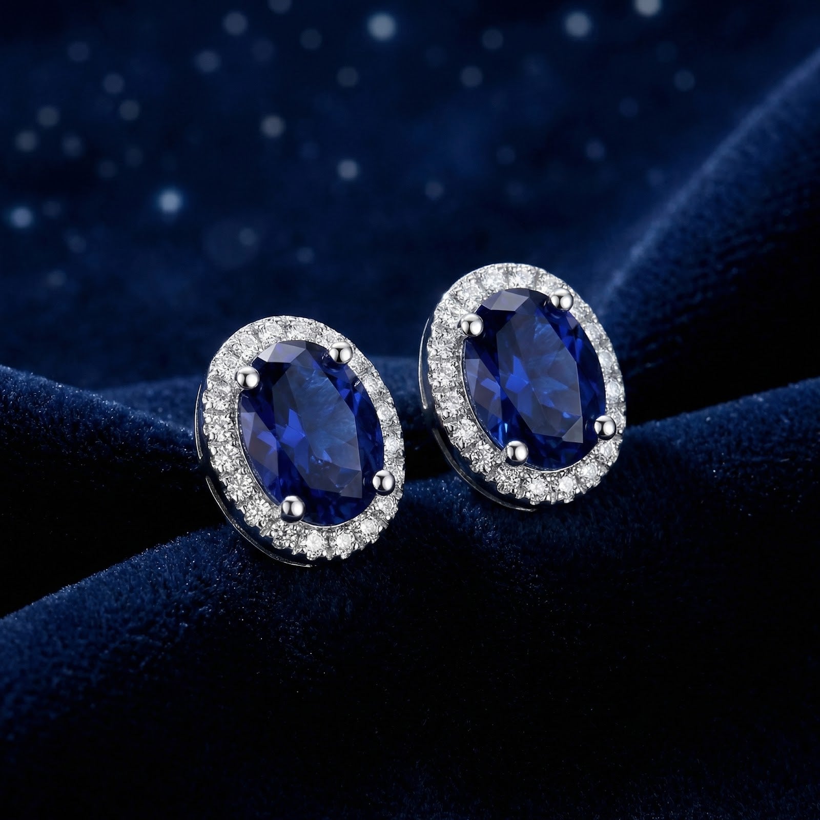 Oval cut simulated sapphire halo stud earrings in sterling silver on a dark blue velvet background.