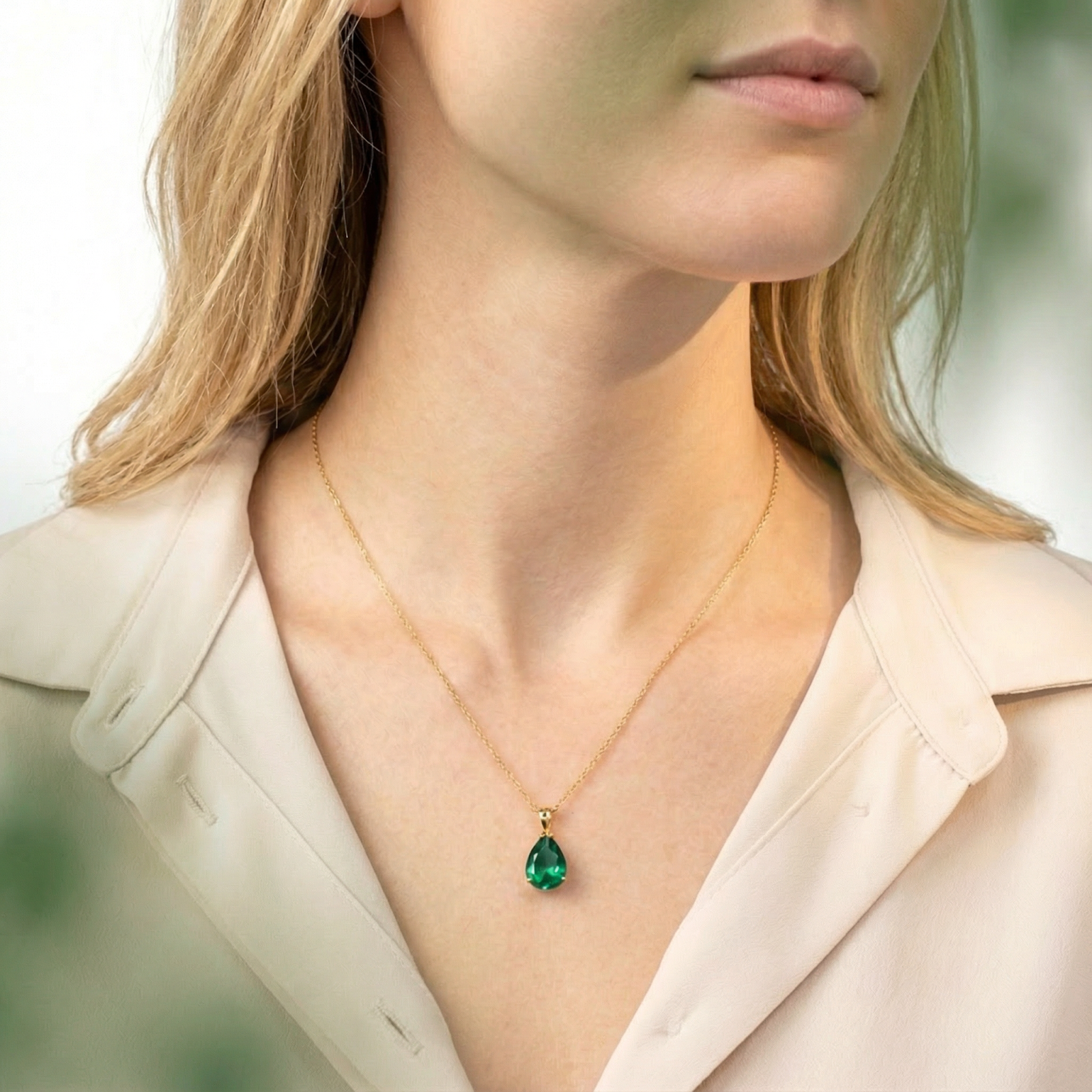 Model wearing the Emera Pear necklace in 18K gold vermeil with a vibrant green pear-cut simulated emerald.