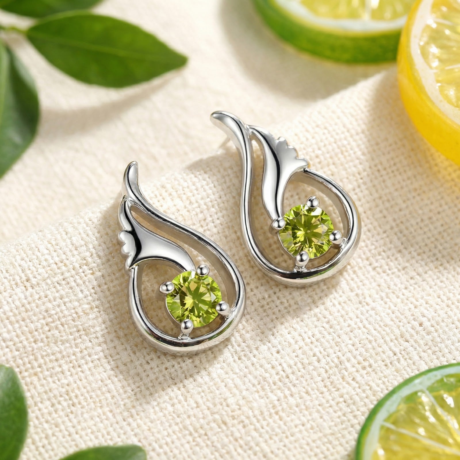 Angled view of S925 sterling silver tulip bud earrings with round-cut green simulated peridot stones on fabric.