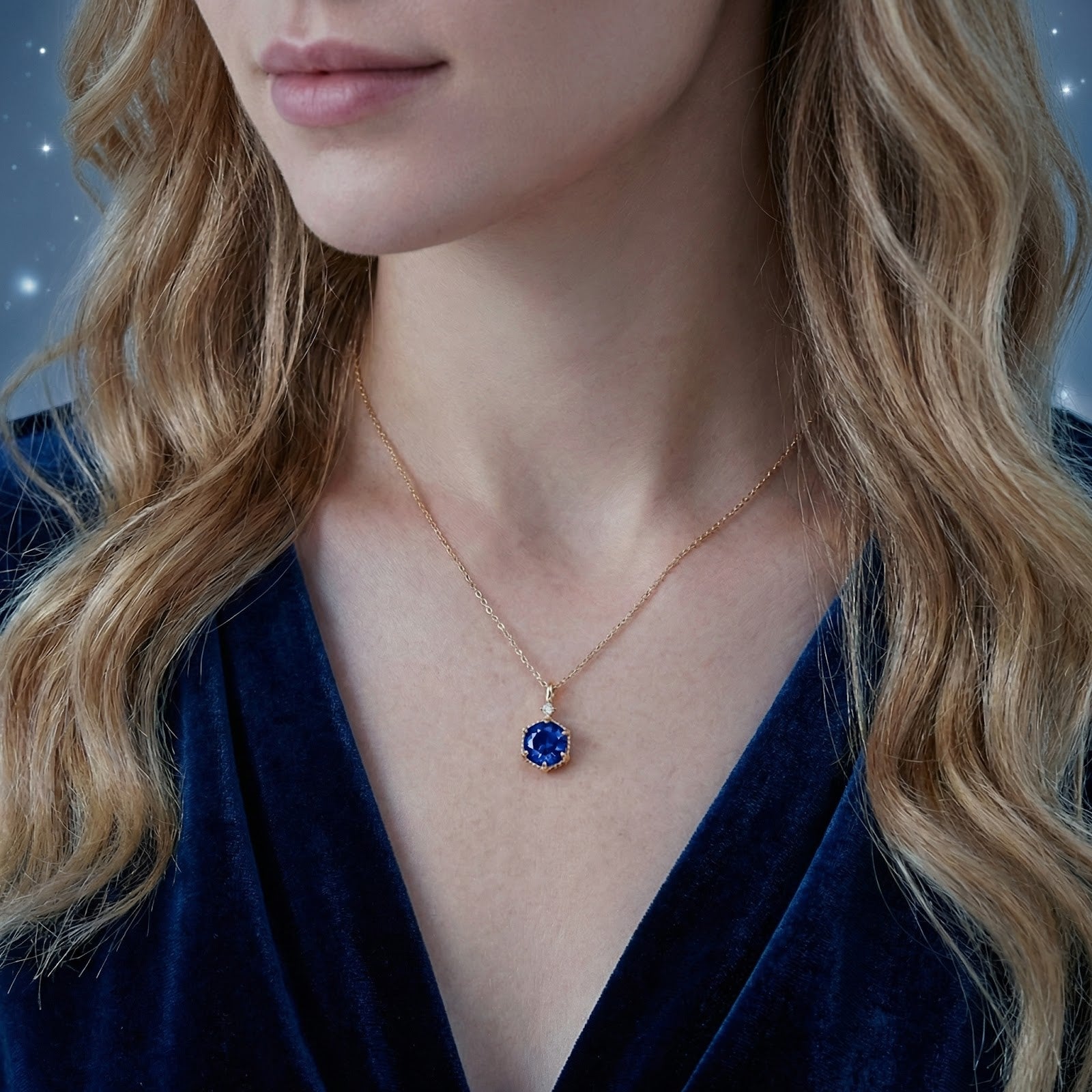Model wearing the Valerique Hex 18K gold vermeil necklace with a royal blue hexagon simulated sapphire.