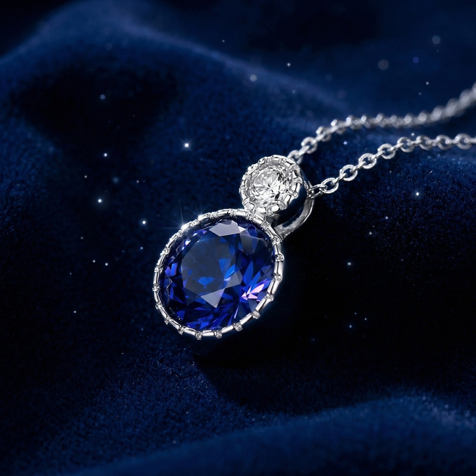 Side profile of the Caelis round simulated sapphire pendant in sterling silver showing the detailed setting.