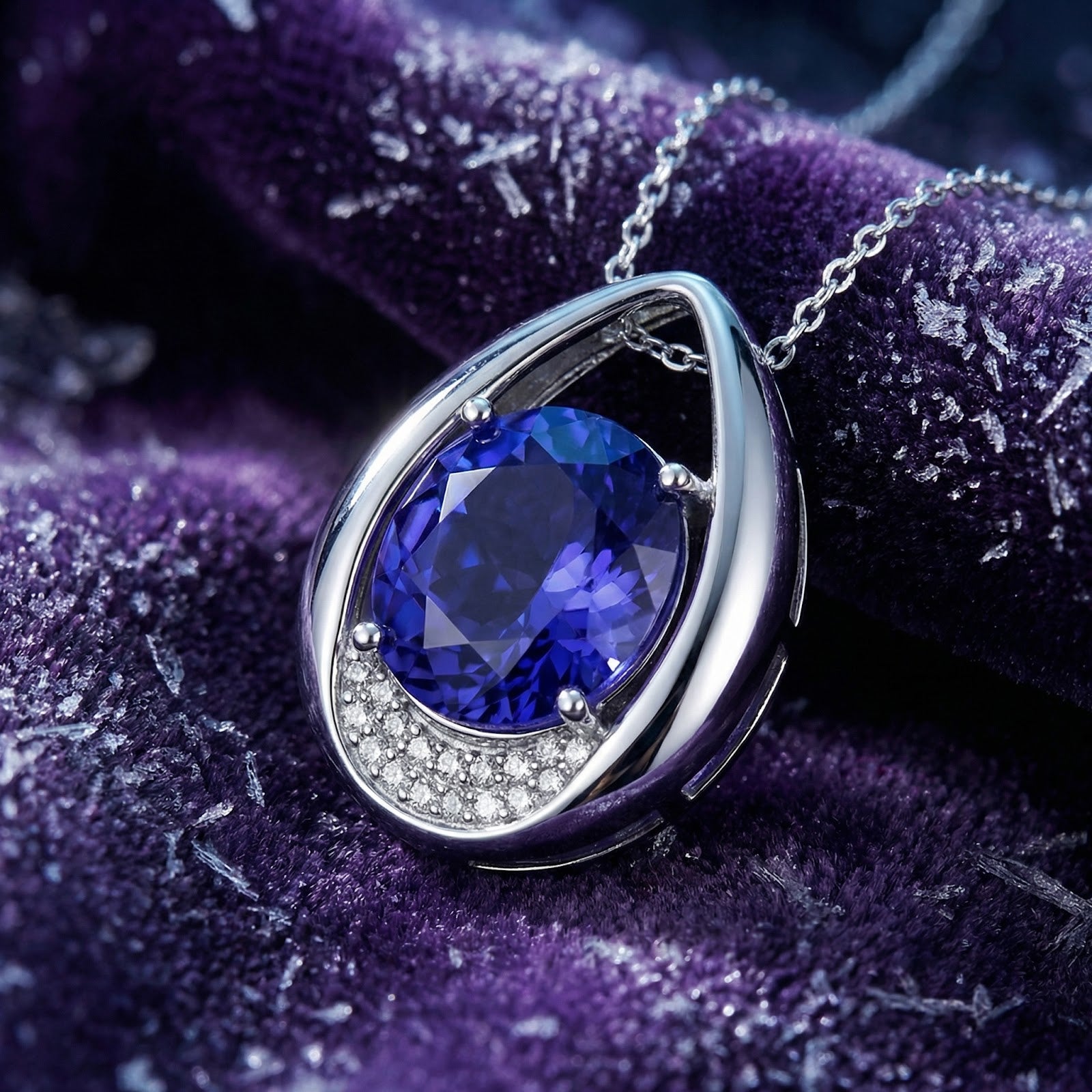 Macro view of the round-cut blue simulated tanzanite in a teardrop sterling silver setting on purple velvet.