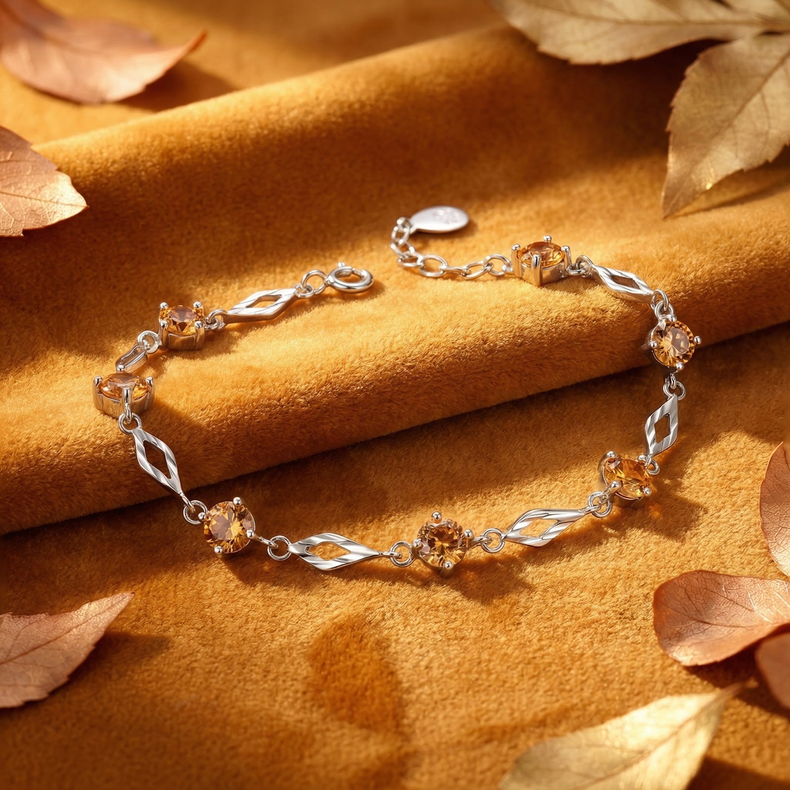 Zenara station bracelet in S925 sterling silver with round simulated topaz stones on a velvet autumn-themed background.
