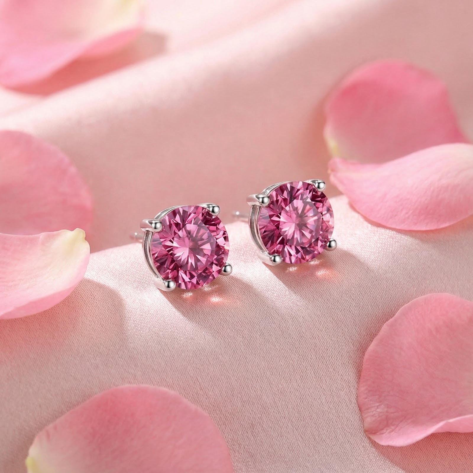 Close-up of round cut simulated pink tourmaline stud earrings in sterling silver on pink fabric.
