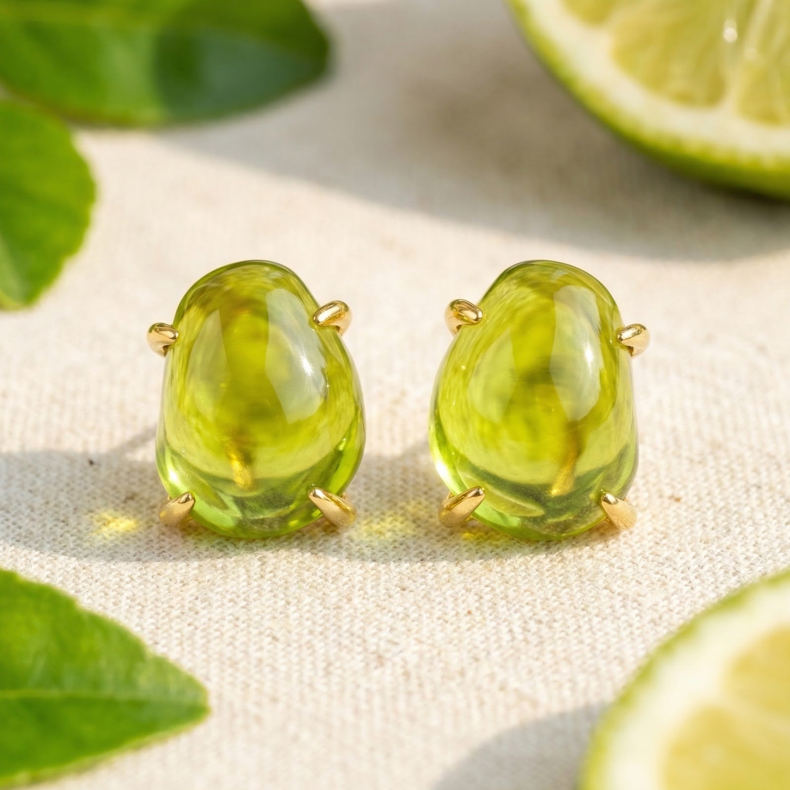 Front view of Verdelle August birthstone simulated peridot cabochon stud earrings in 18K gold vermeil with lime props.