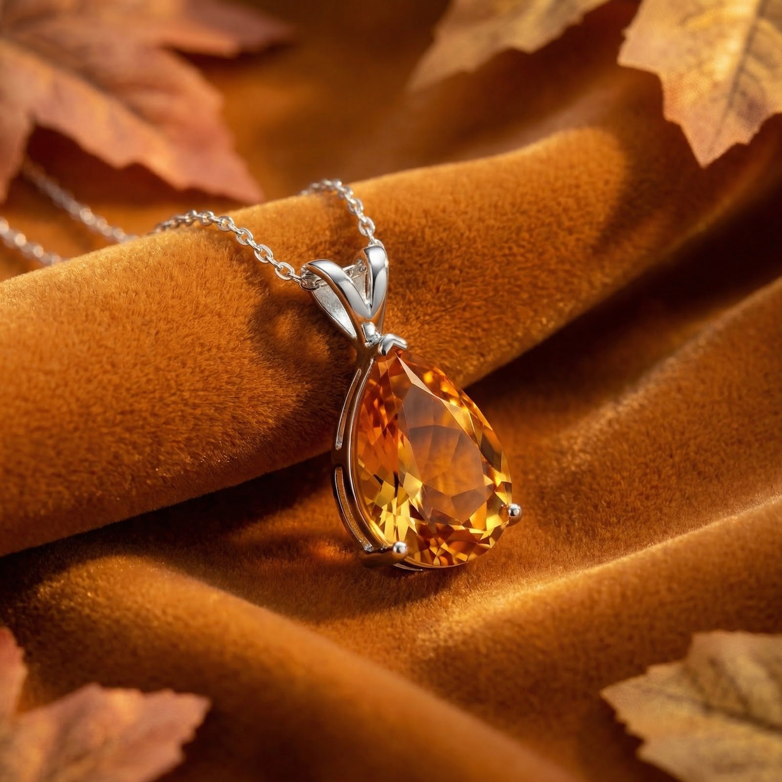Pear-cut honey moissanite necklace in sterling silver on brown velvet with autumn leaves.
