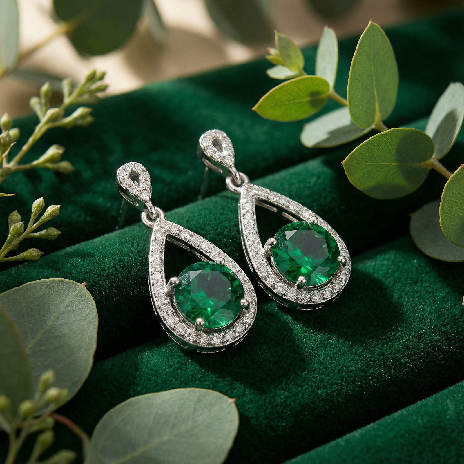 Close-up of sterling silver drop earrings featuring round-cut simulated emeralds in a pavé teardrop halo.