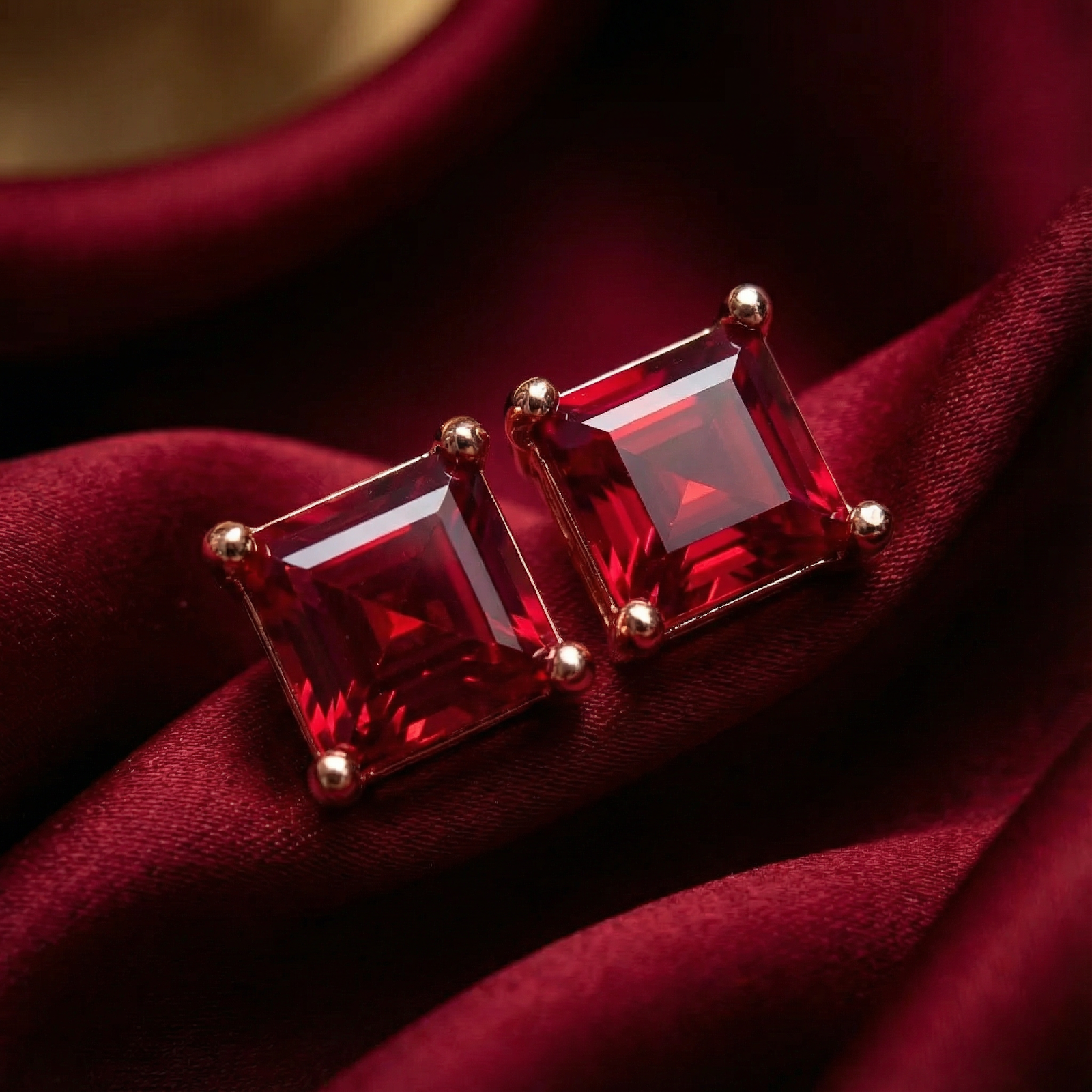 Macro view of square pigeon blood simulated ruby stud earrings in 18K rose gold vermeil settings.