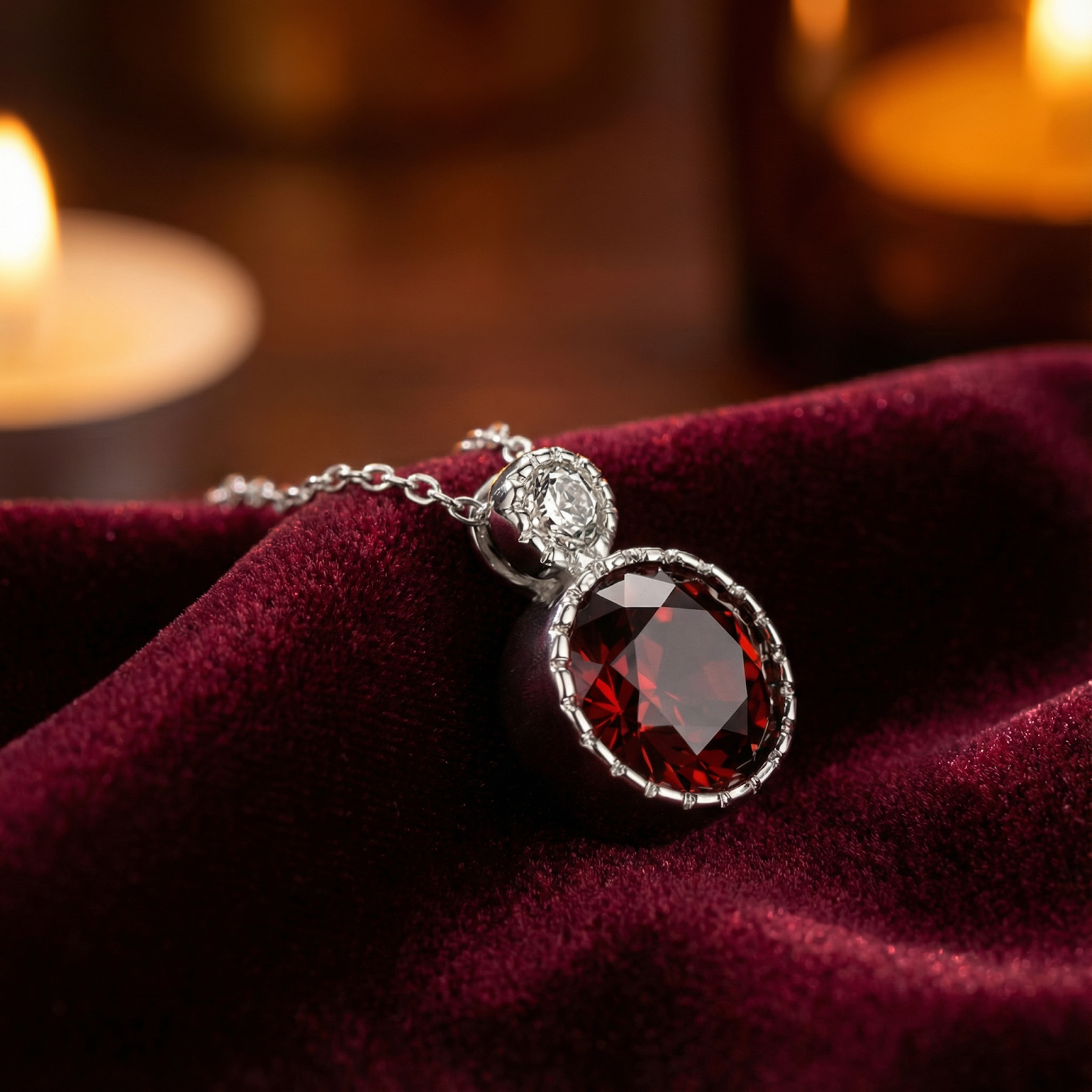 Round cut red garnet pendant in sterling silver on red velvet with soft candle lighting.