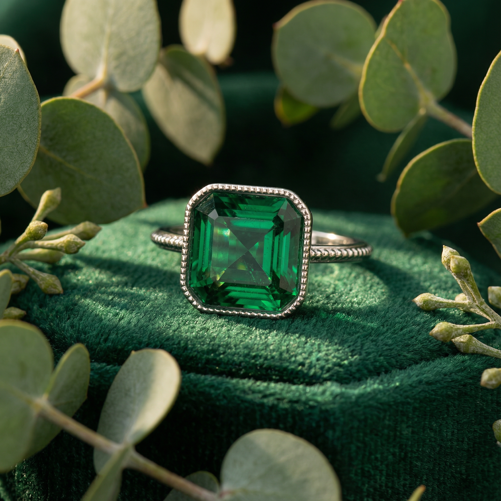 Macro shot of a square-cut simulated emerald ring in sterling silver with milgrain detail on green velvet.