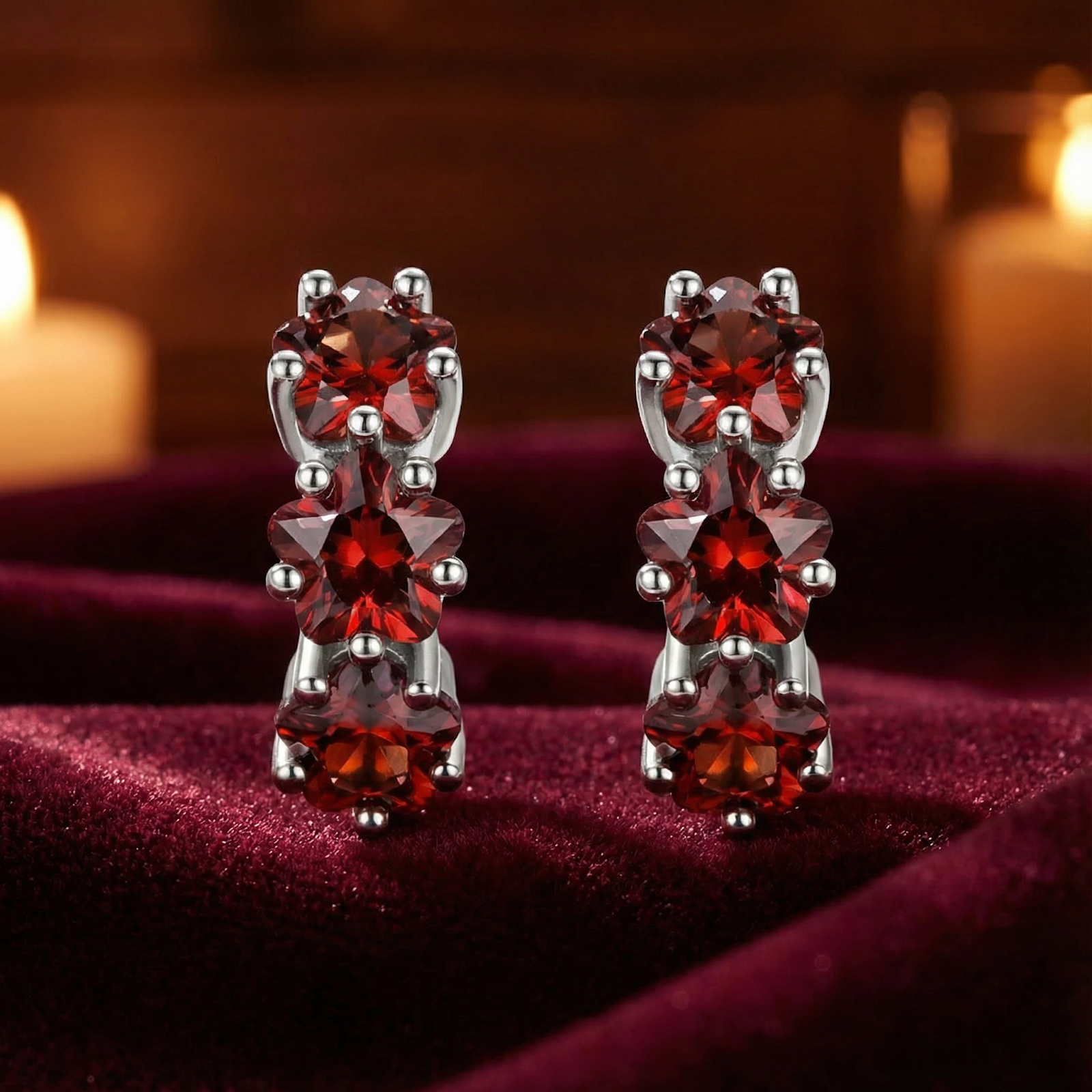 Front view of S925 sterling silver huggie earrings with star-cut simulated garnets on red velvet.