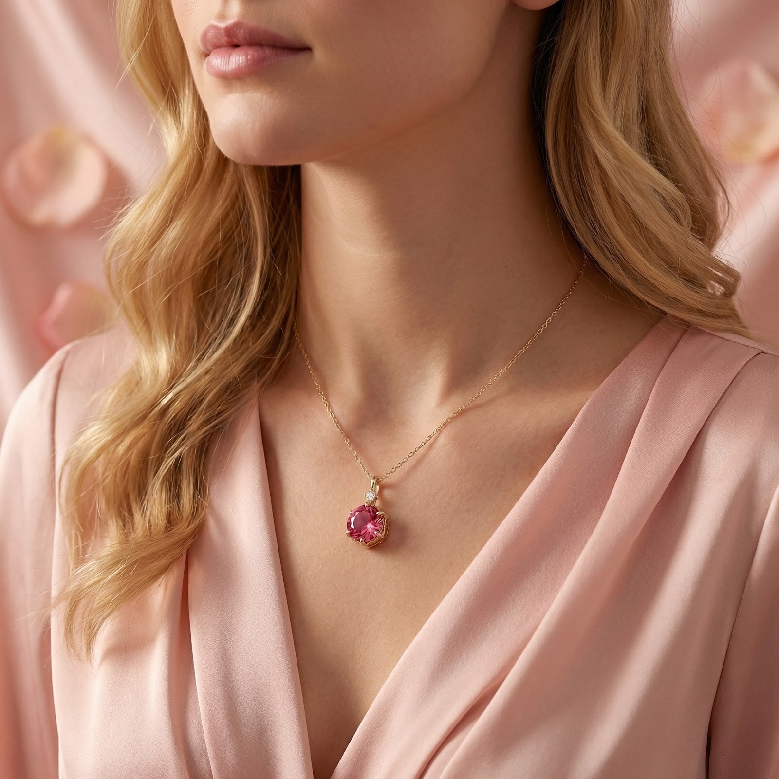 Side view of a model wearing the hexagonal pink tourmaline gold necklace on a delicate chain.