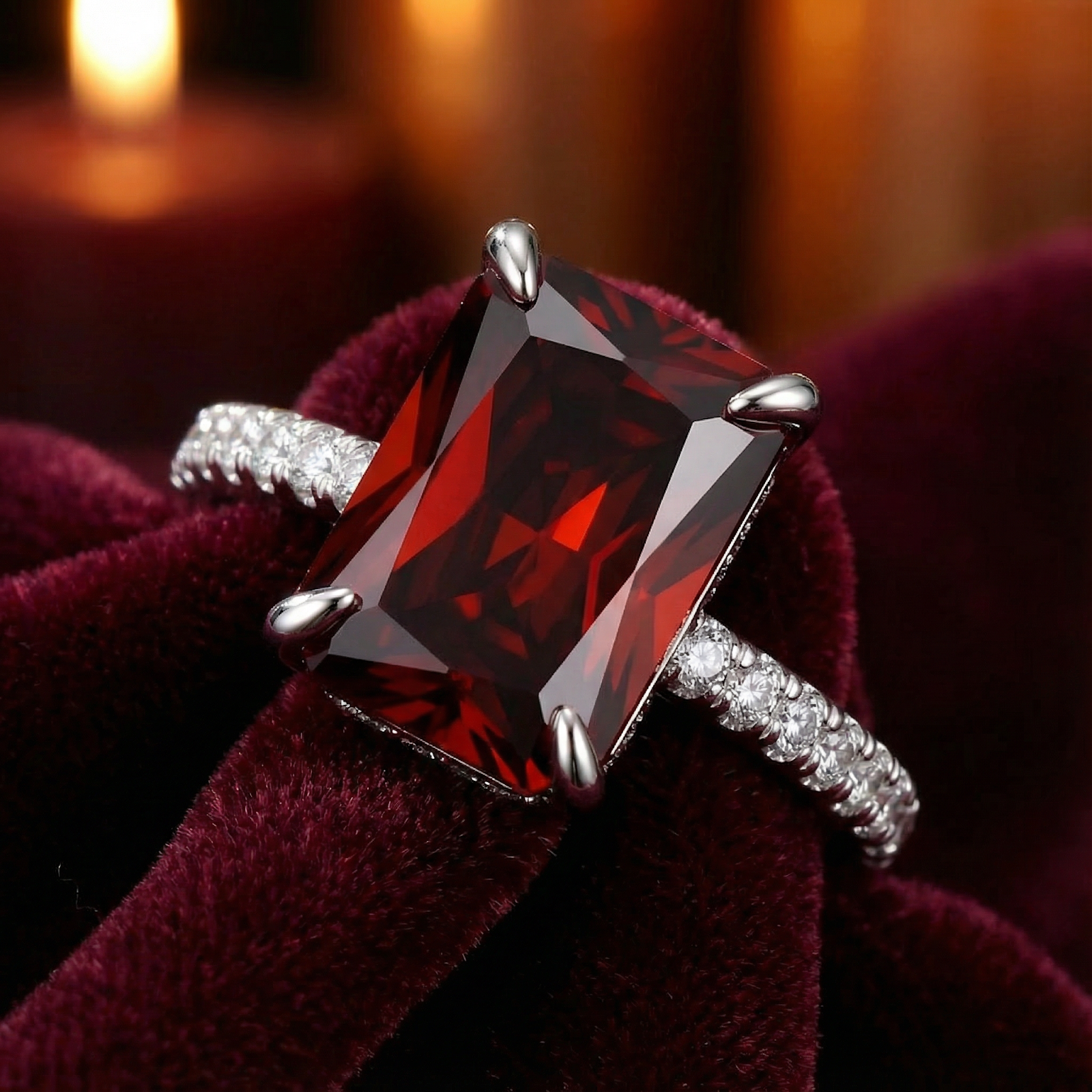 Macro detail of the radiant cut red garnet and four-prong sterling silver setting.
