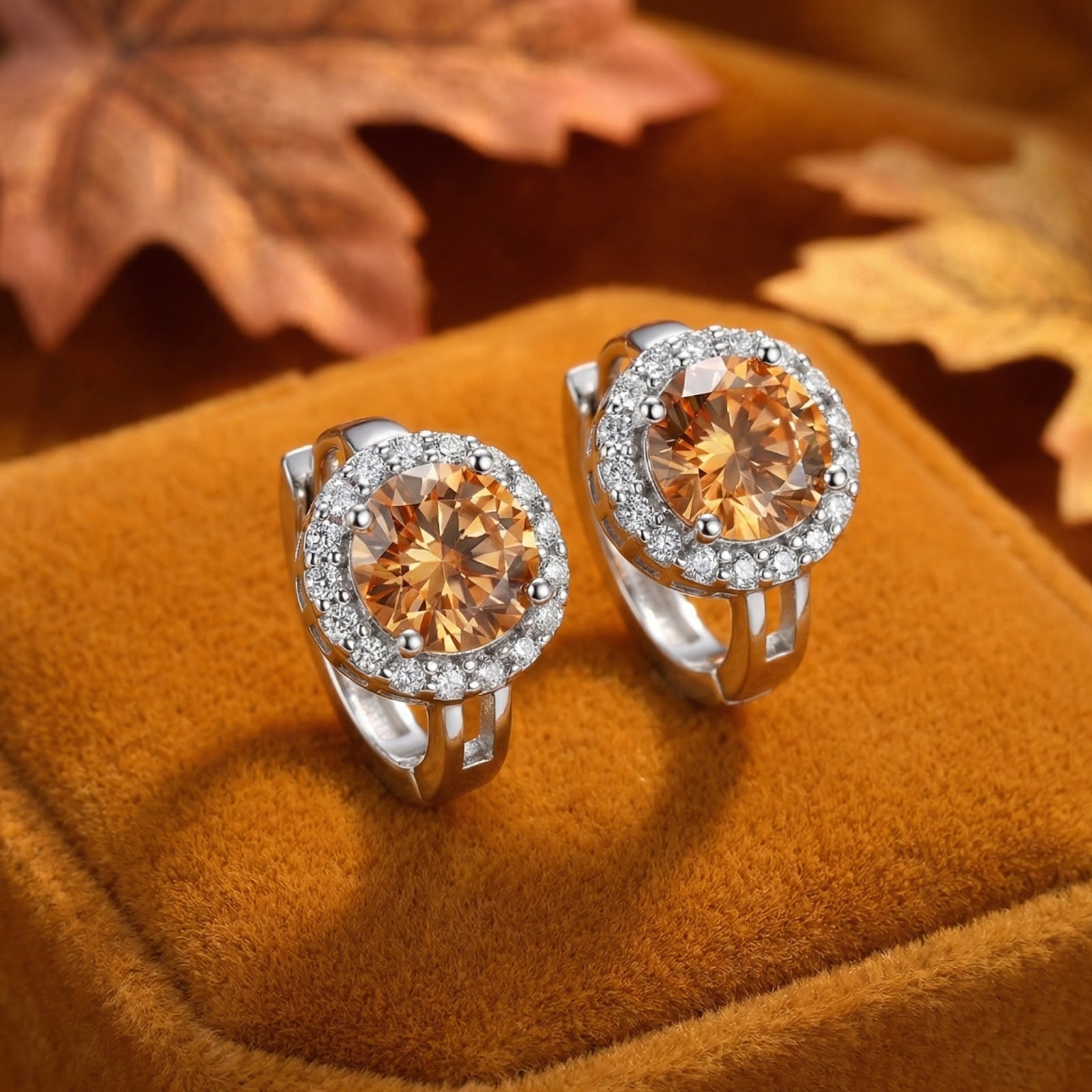Round honey moissanite halo earrings in sterling silver on a warm velvet surface with autumn leaves.