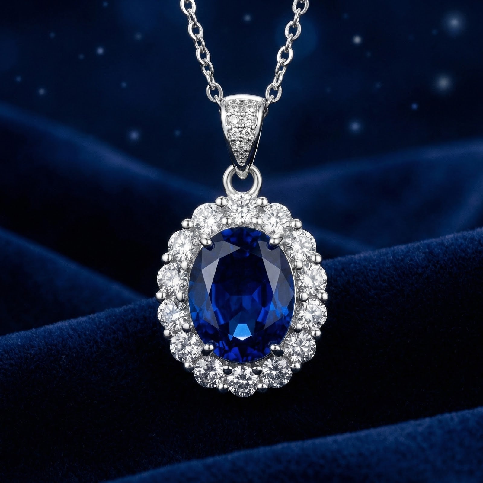 Oval-cut simulated sapphire halo necklace in S925 sterling silver on a blue velvet background.