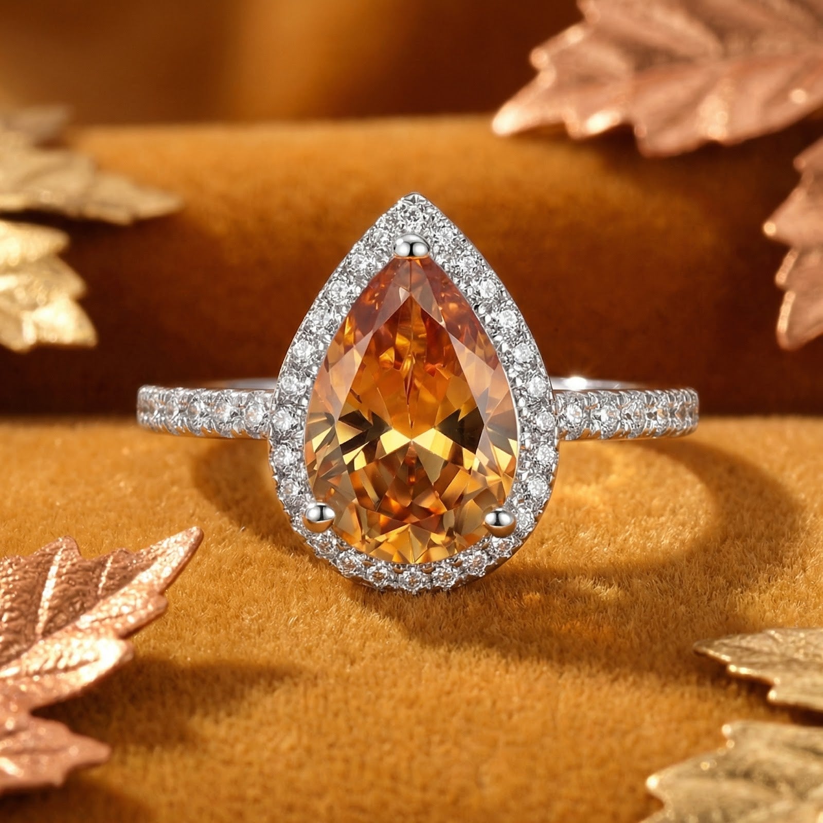Front view of the pear-cut simulated topaz ring in S925 sterling silver with a halo setting on warm velvet with leaves.