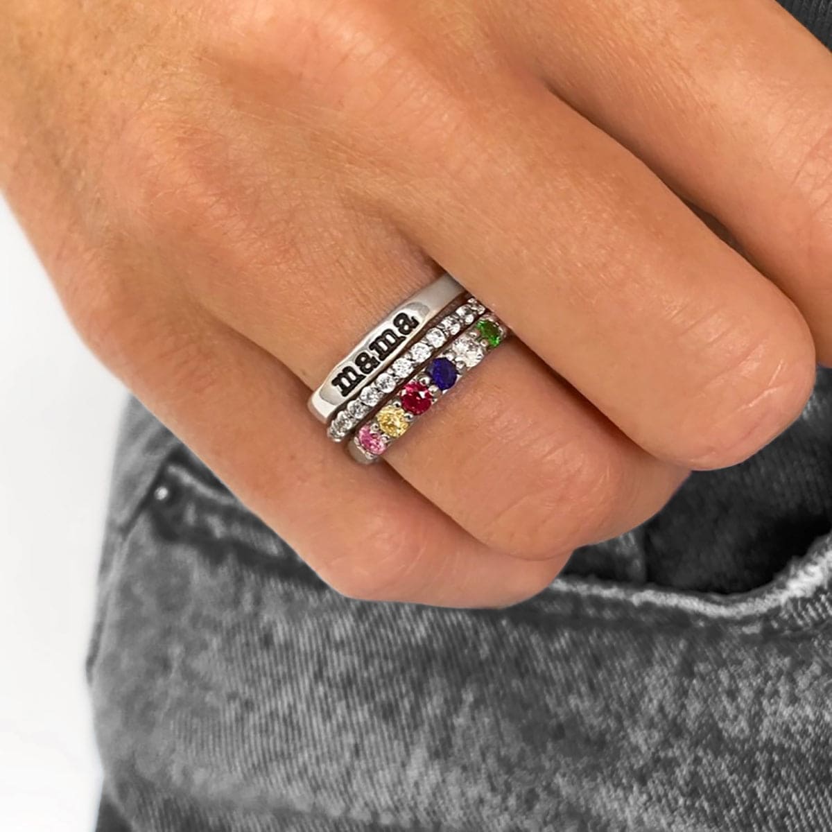 Personalisierte Stapelringe mit Geburtssteinen für die Familie – S925 Sterling Silber