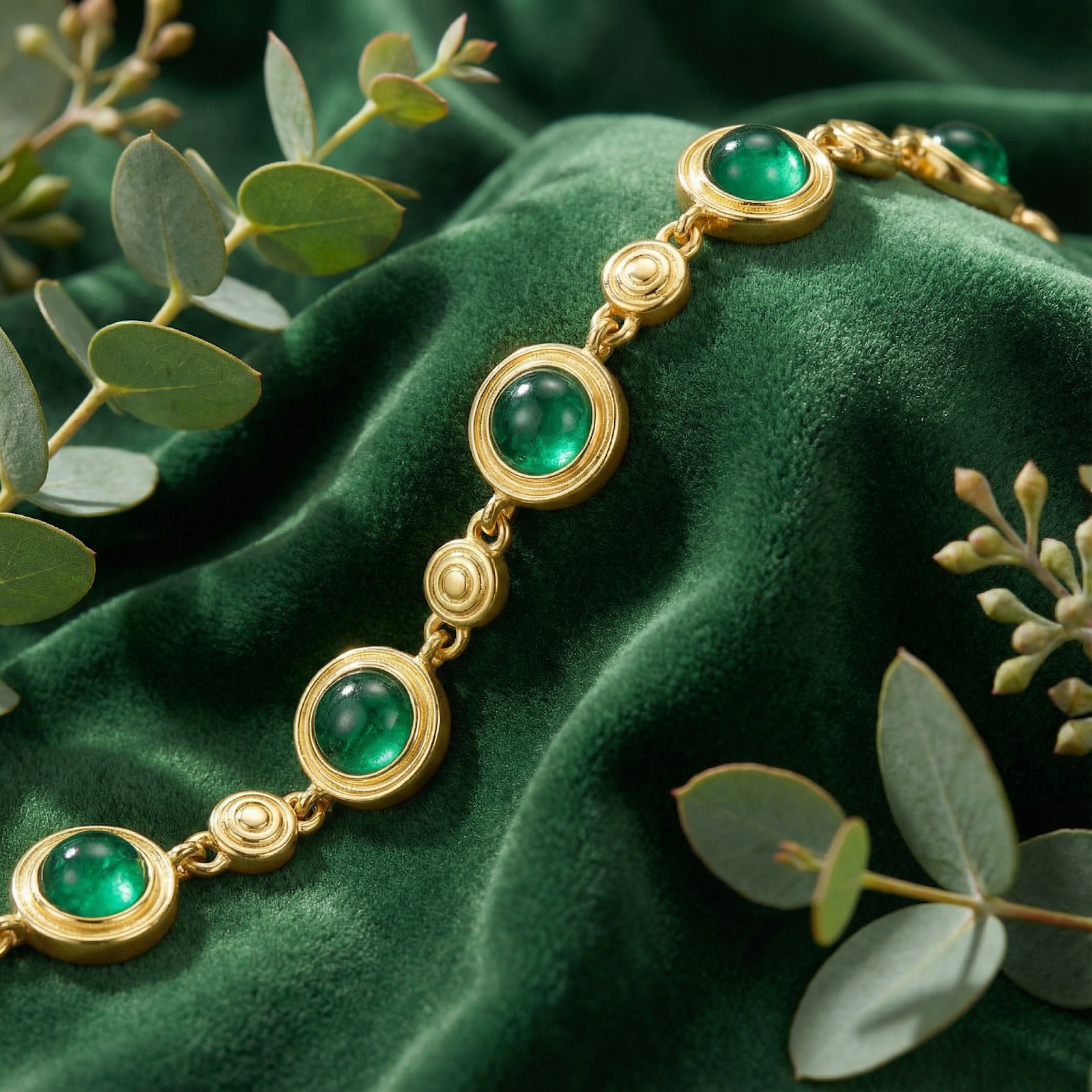 Close-up of round cabochon simulated emeralds and gold vermeil textured discs on a station bracelet.