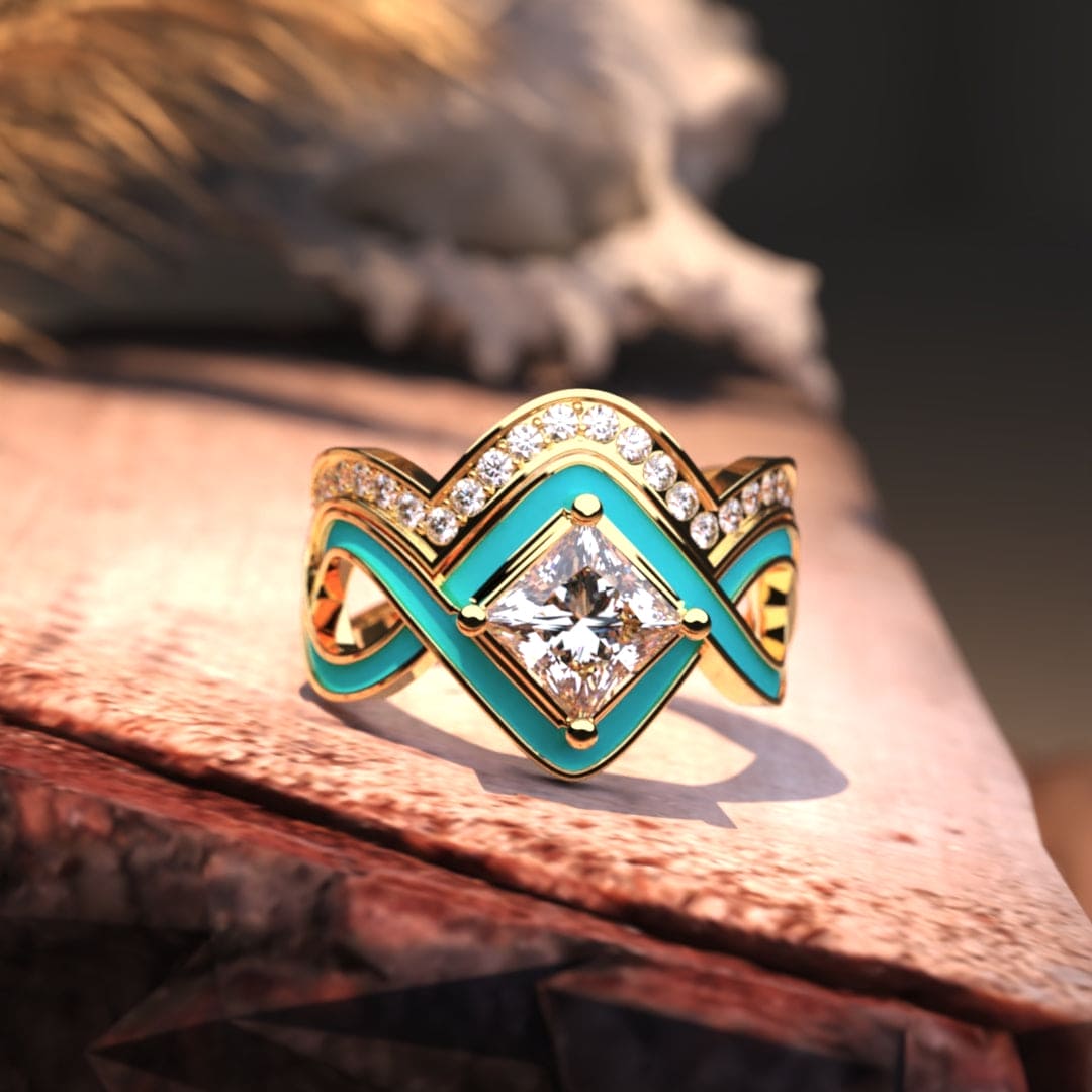 Ocean Wave: Türkisfarbener 18 Karat Gold Vermeil 2-teiliger Ring