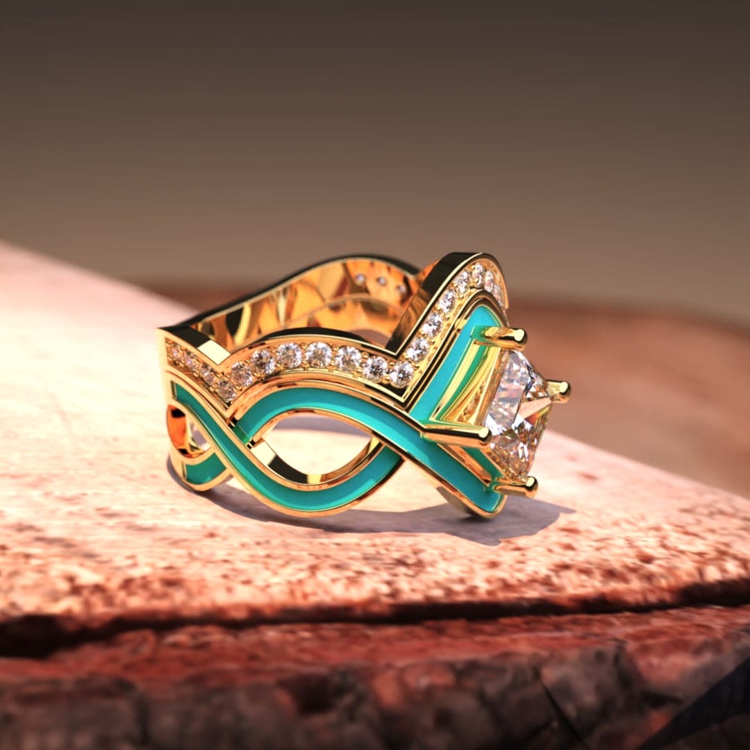 Ocean Wave: Türkisfarbener 18 Karat Gold Vermeil 2-teiliger Ring