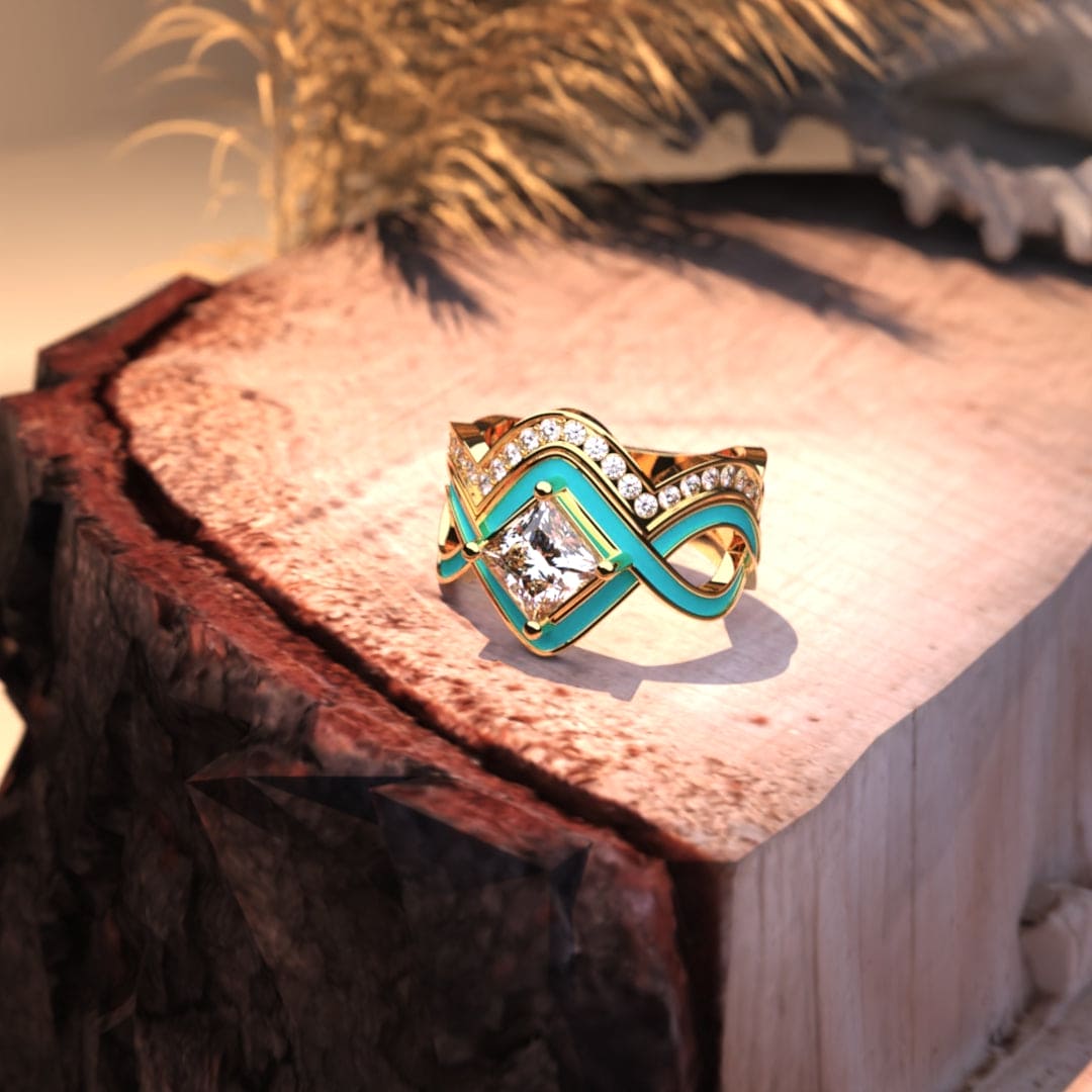 Ocean Wave: Türkisfarbener 18 Karat Gold Vermeil 2-teiliger Ring