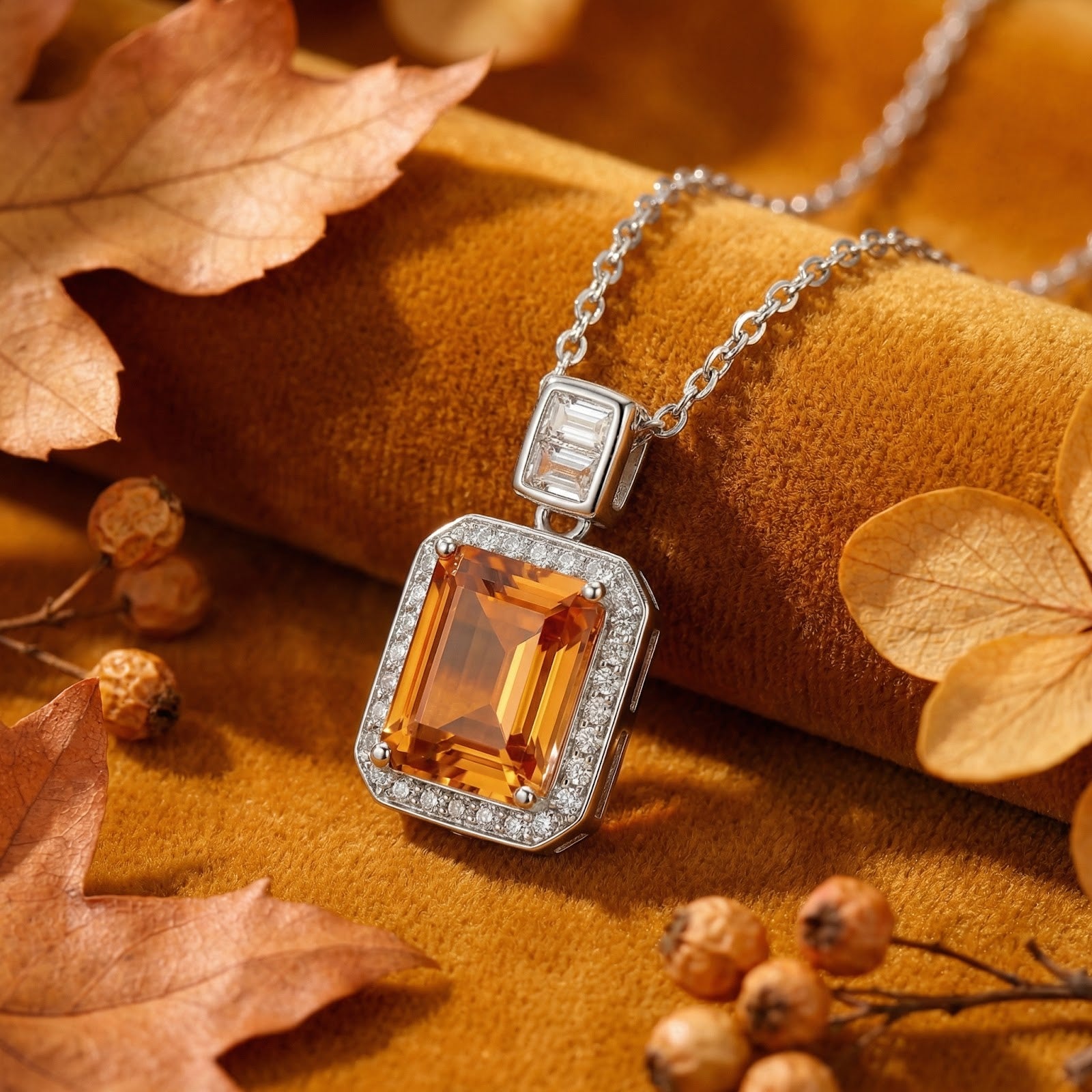 Emerald cut simulated topaz necklace in sterling silver on gold velvet with autumn leaves and berries.