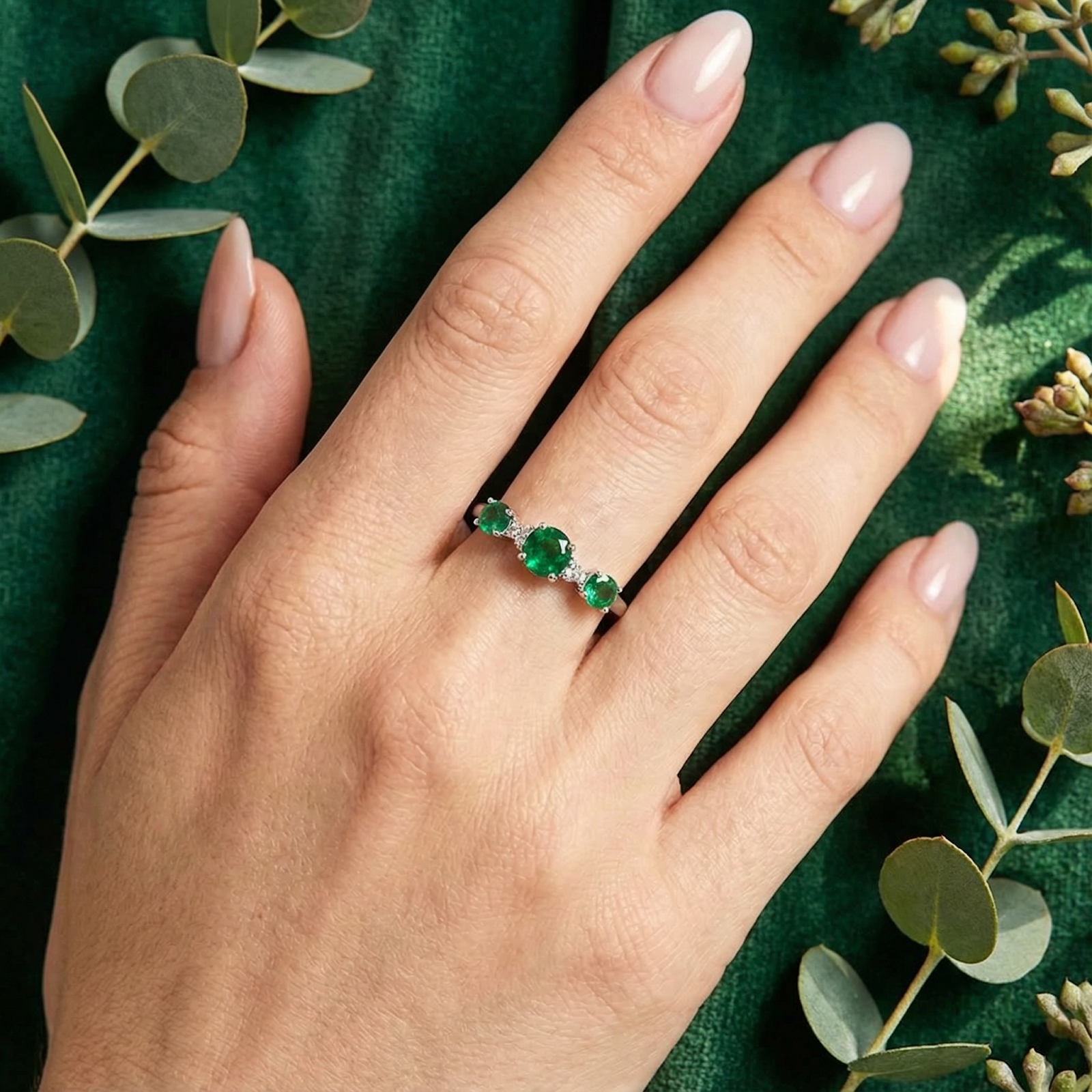 Top-down view of a hand wearing the sterling silver bypass ring with three oval simulated emeralds on a green background.