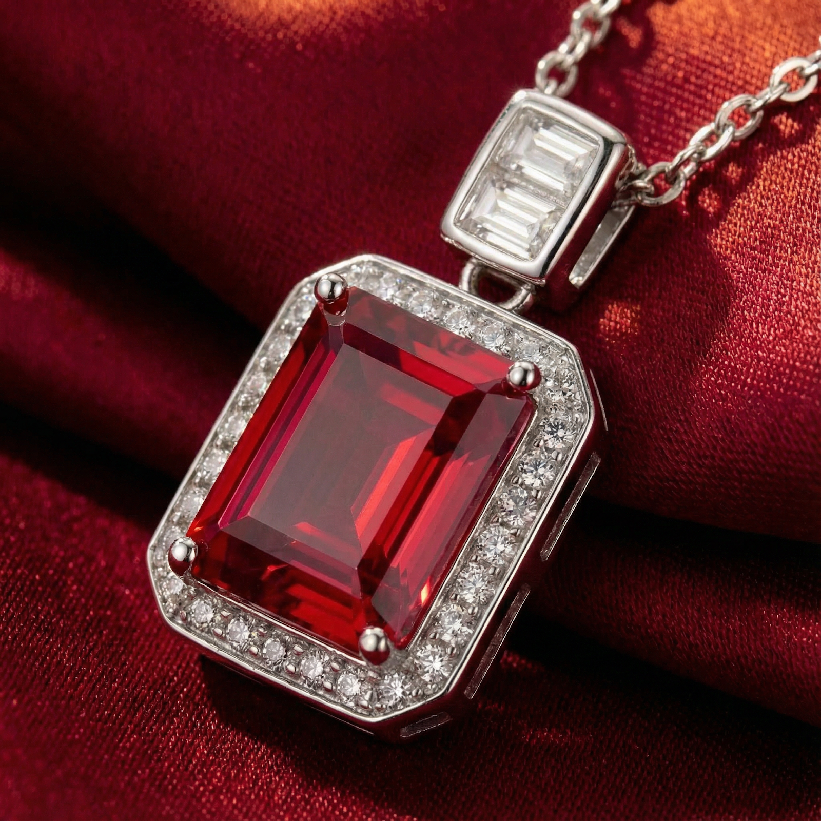 Close-up of the emerald cut simulated ruby pendant and halo setting in S925 sterling silver.