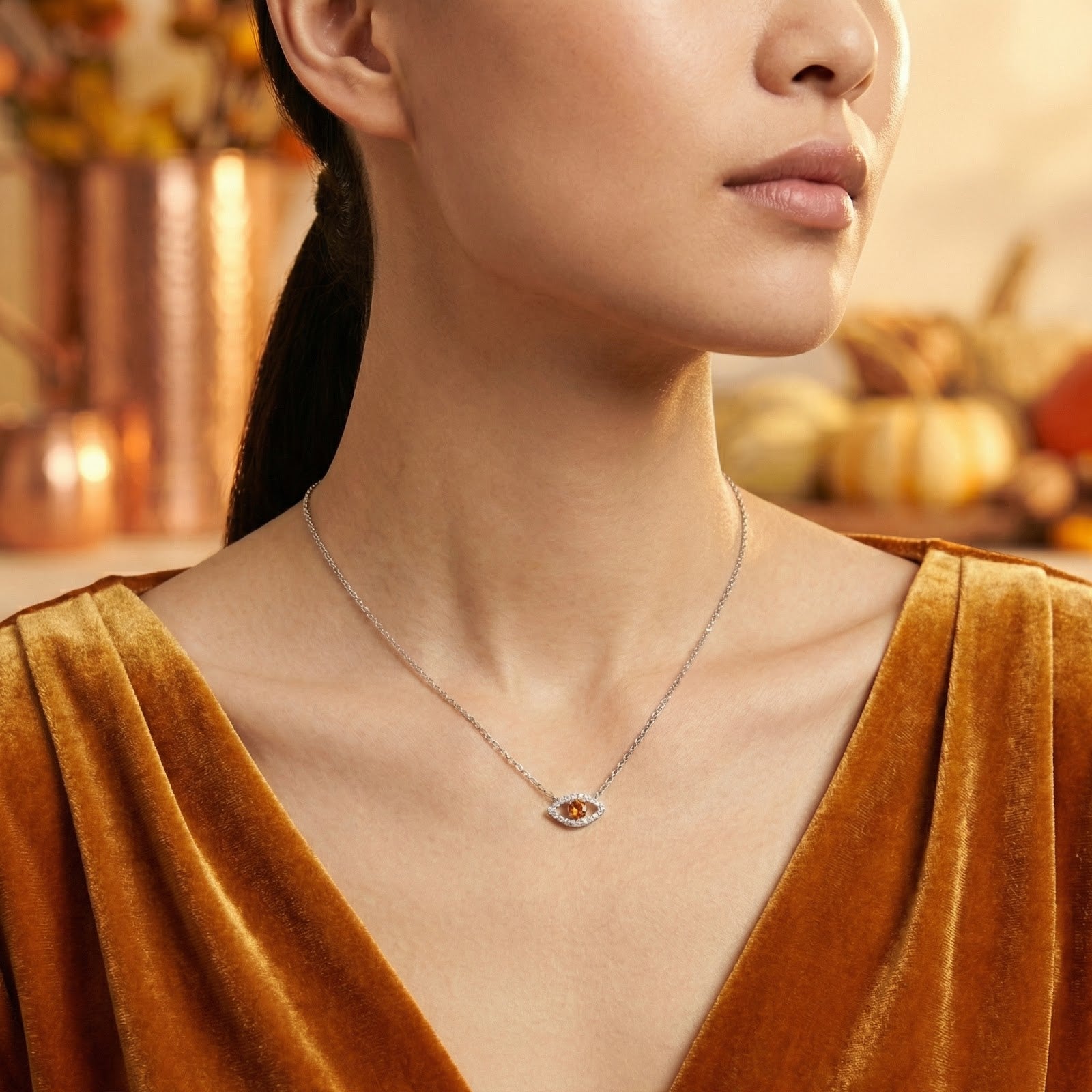 Model wearing the sterling silver Hesperis Eye necklace with a honey moissanite stone in an autumn setting.