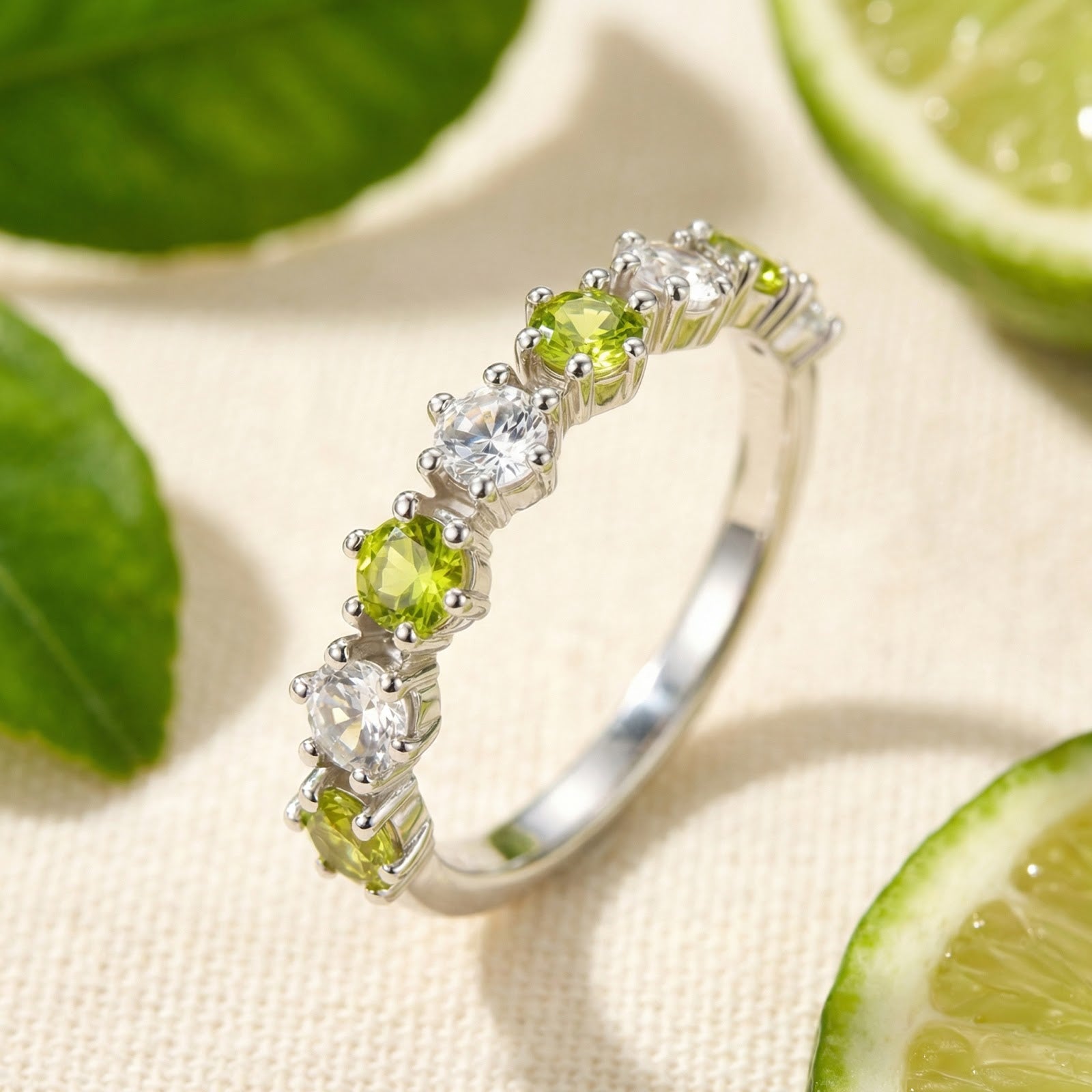 Close-up of a sterling silver ring featuring alternating round-cut simulated peridot and clear stones.