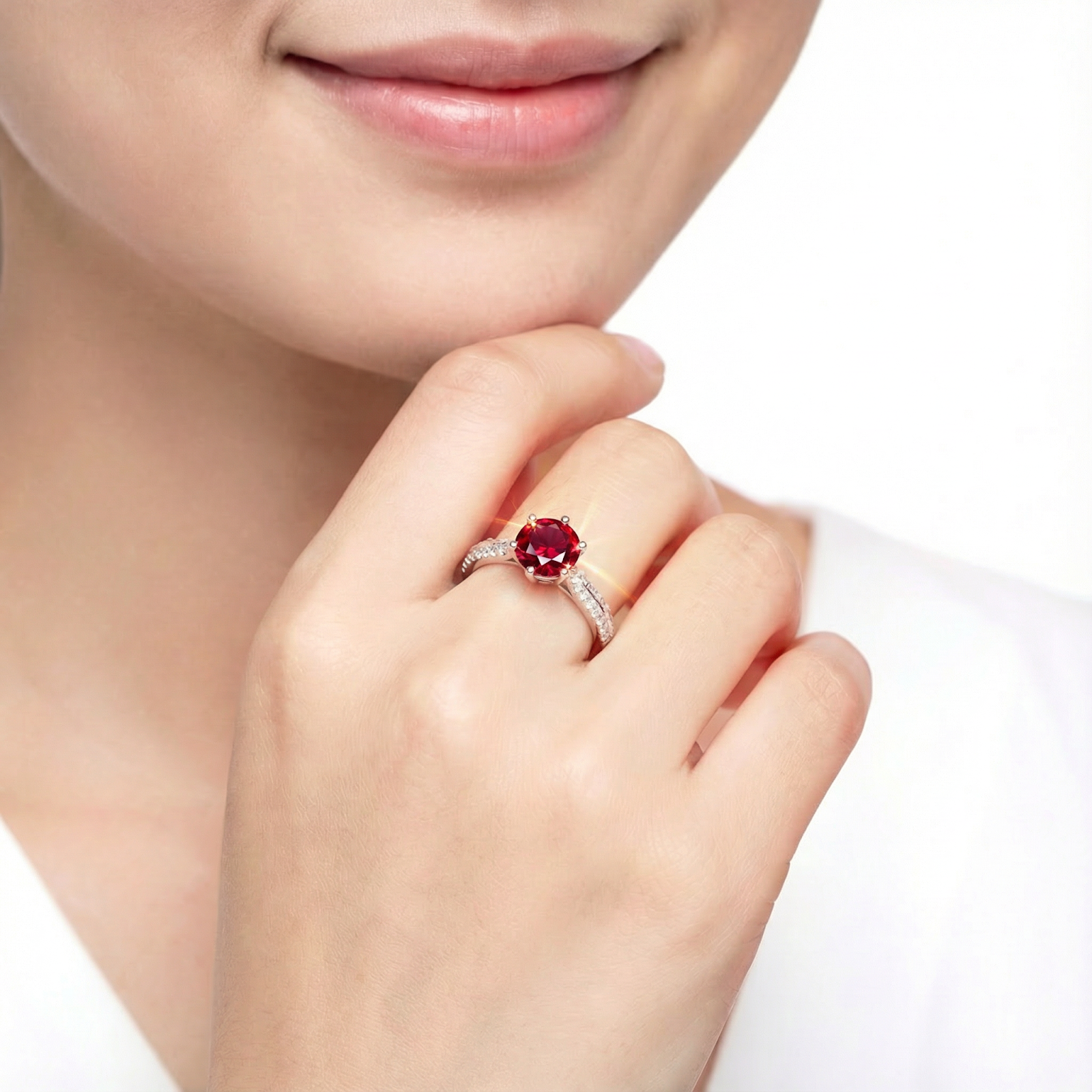 Woman wearing a round cut simulated ruby solitaire ring in sterling silver on her ring finger.