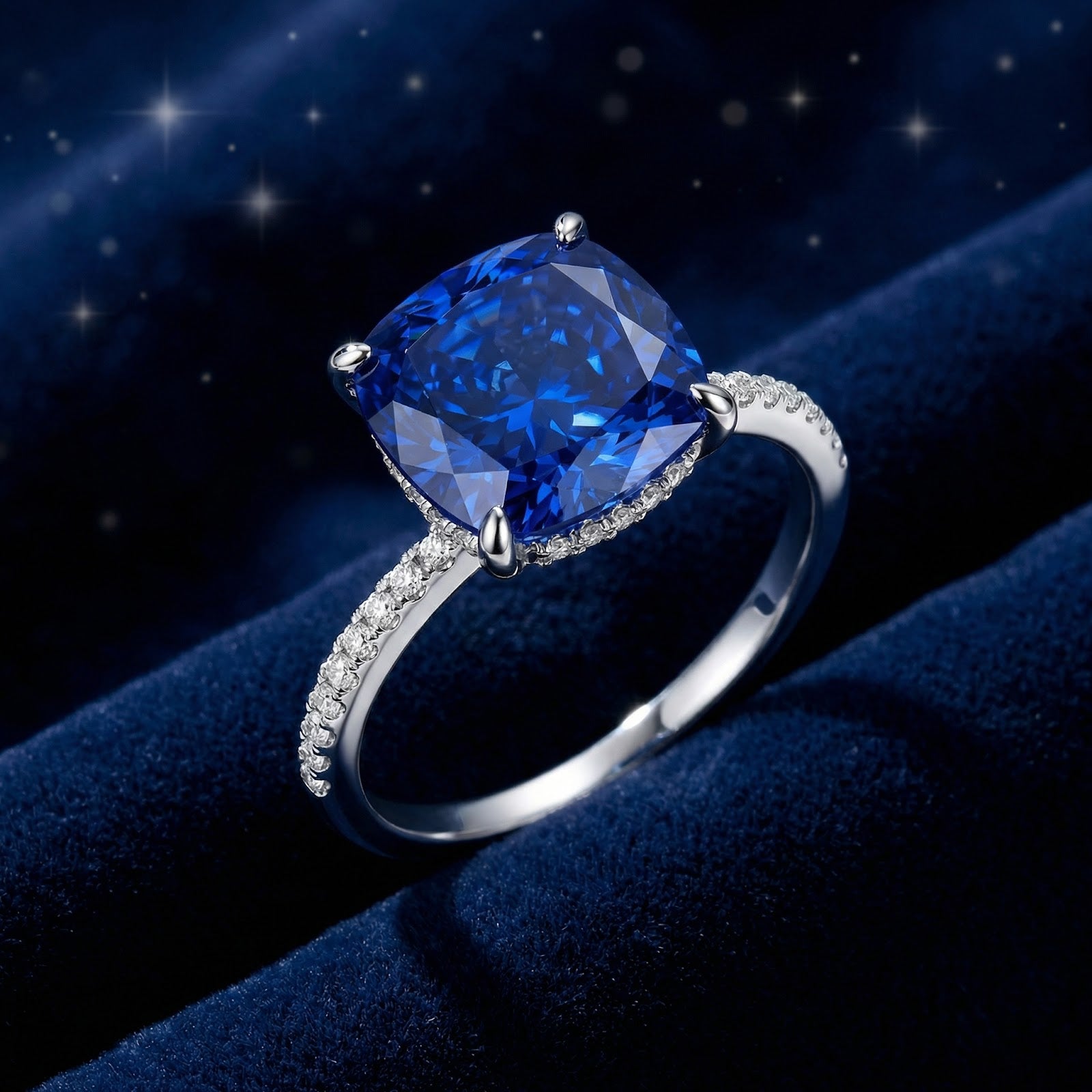 Cushion cut blue simulated sapphire ring in S925 sterling silver with a pave band on blue velvet.
