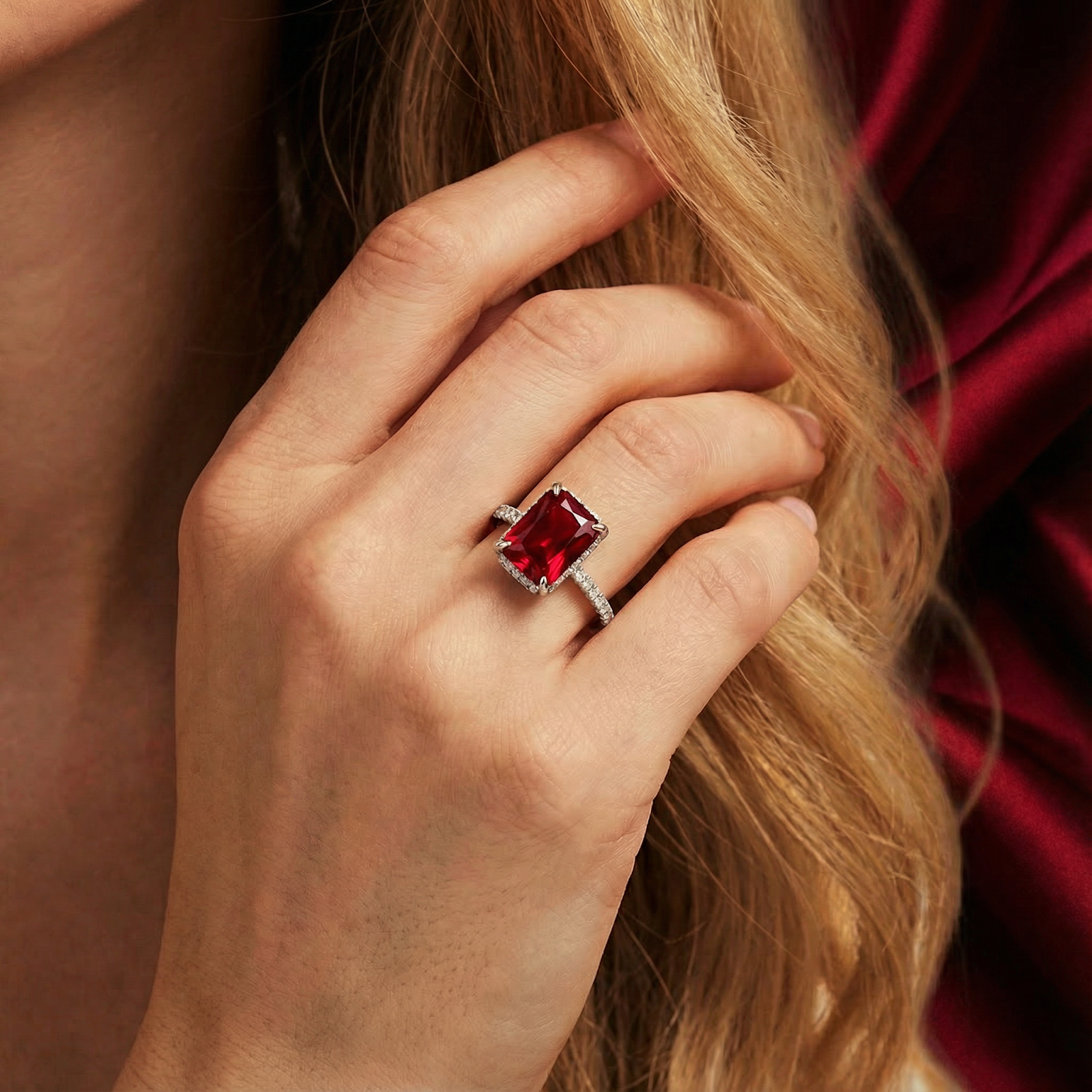 Emerald cut simulated ruby ring in S925 sterling silver worn on a woman's hand.