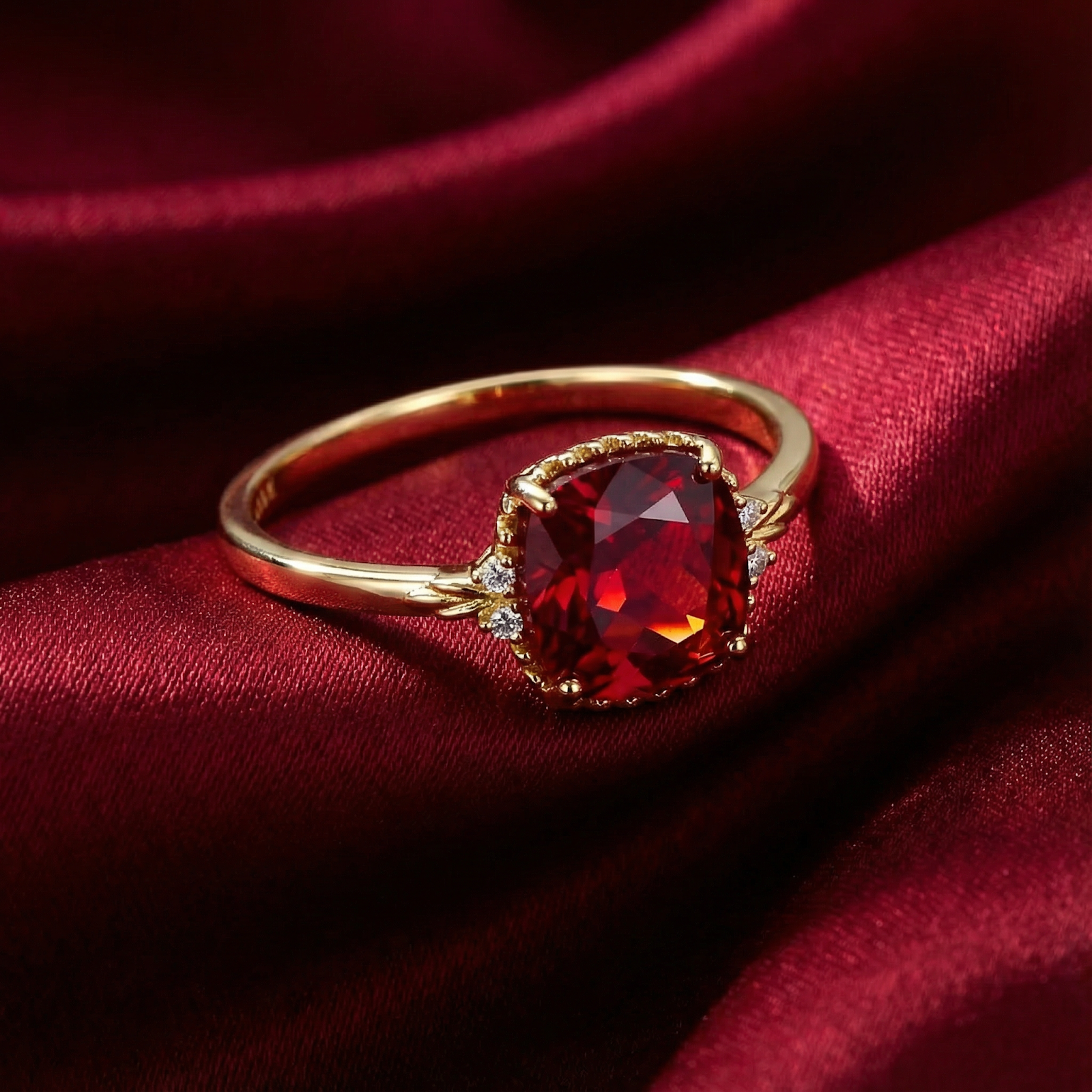 Angled view of a cushion-cut simulated ruby ring in 18K gold vermeil on red satin.