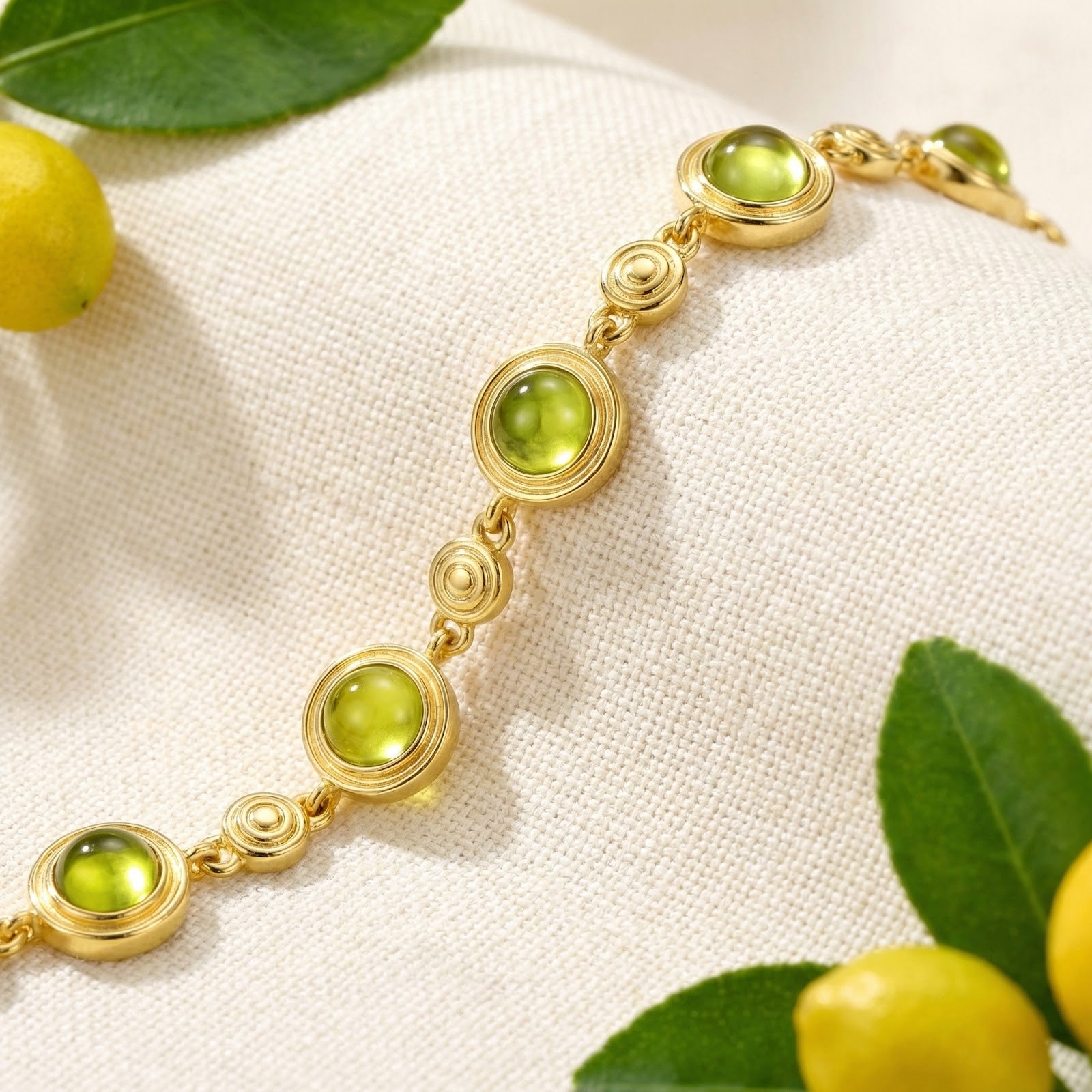 Close-up of round cabochon simulated peridot stones and decorative gold discs on an 18K gold vermeil station bracelet.