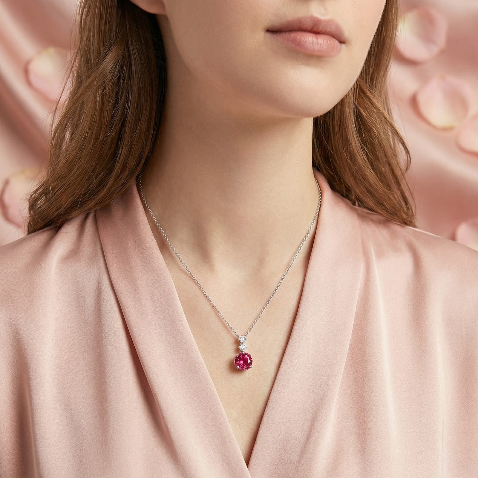 Woman wearing the Luvia sterling silver necklace with a round-cut simulated pink tourmaline pendant.