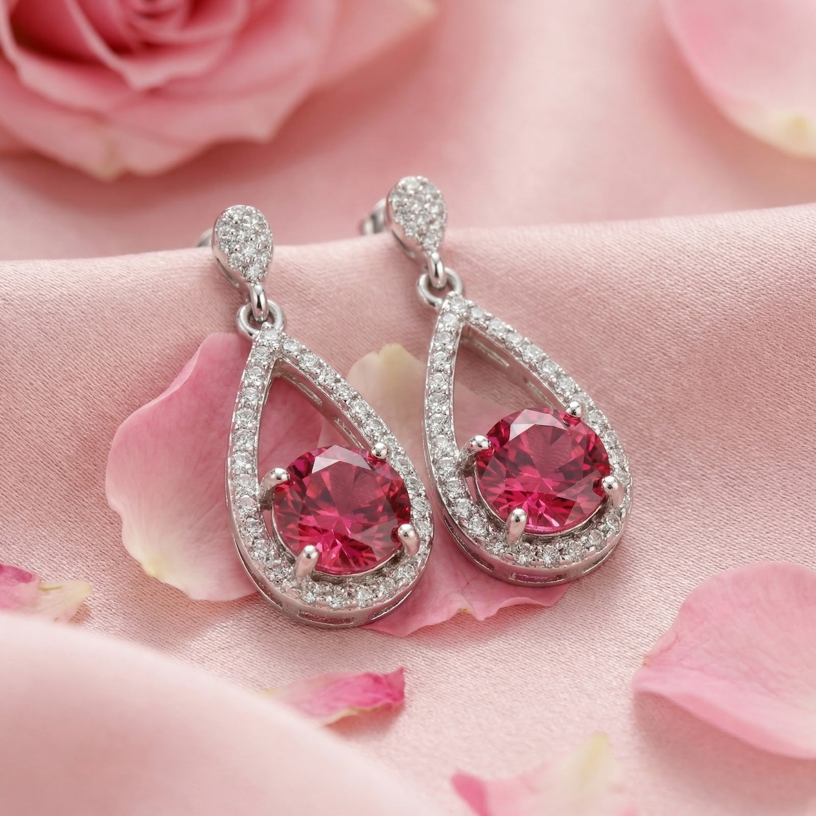 Macro view of round cut pink tourmaline drop earrings in sterling silver teardrop settings with pavé accents.