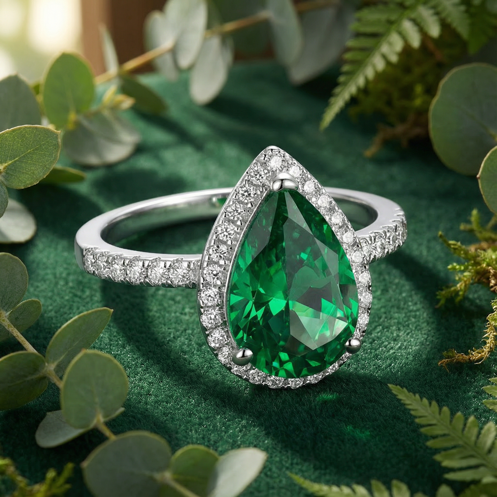 Macro shot of a pear-cut simulated emerald ring with a brilliant halo and pavé band in sterling silver.