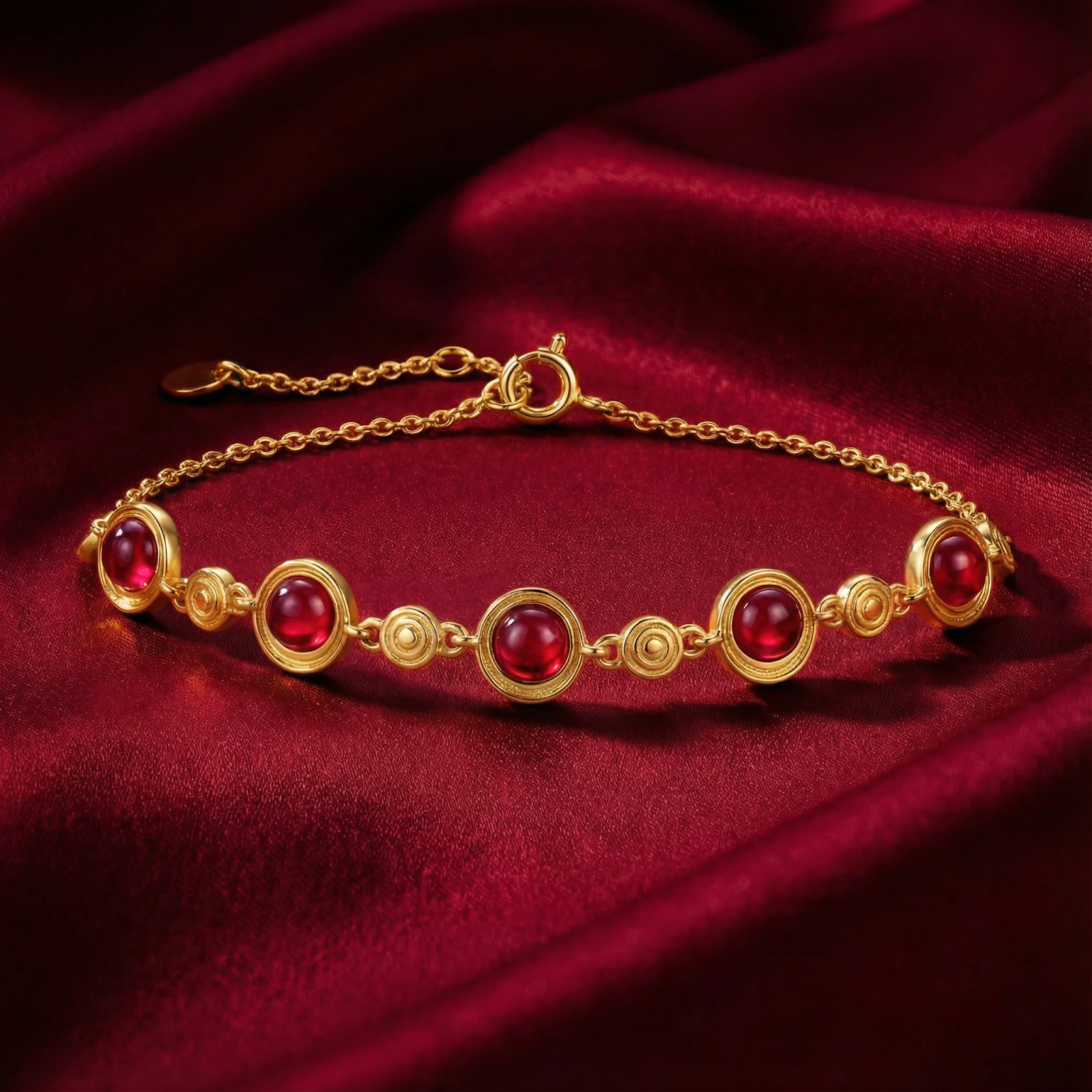 Rosara station bracelet in 18K gold vermeil with five round simulated rubies on a red silk background.