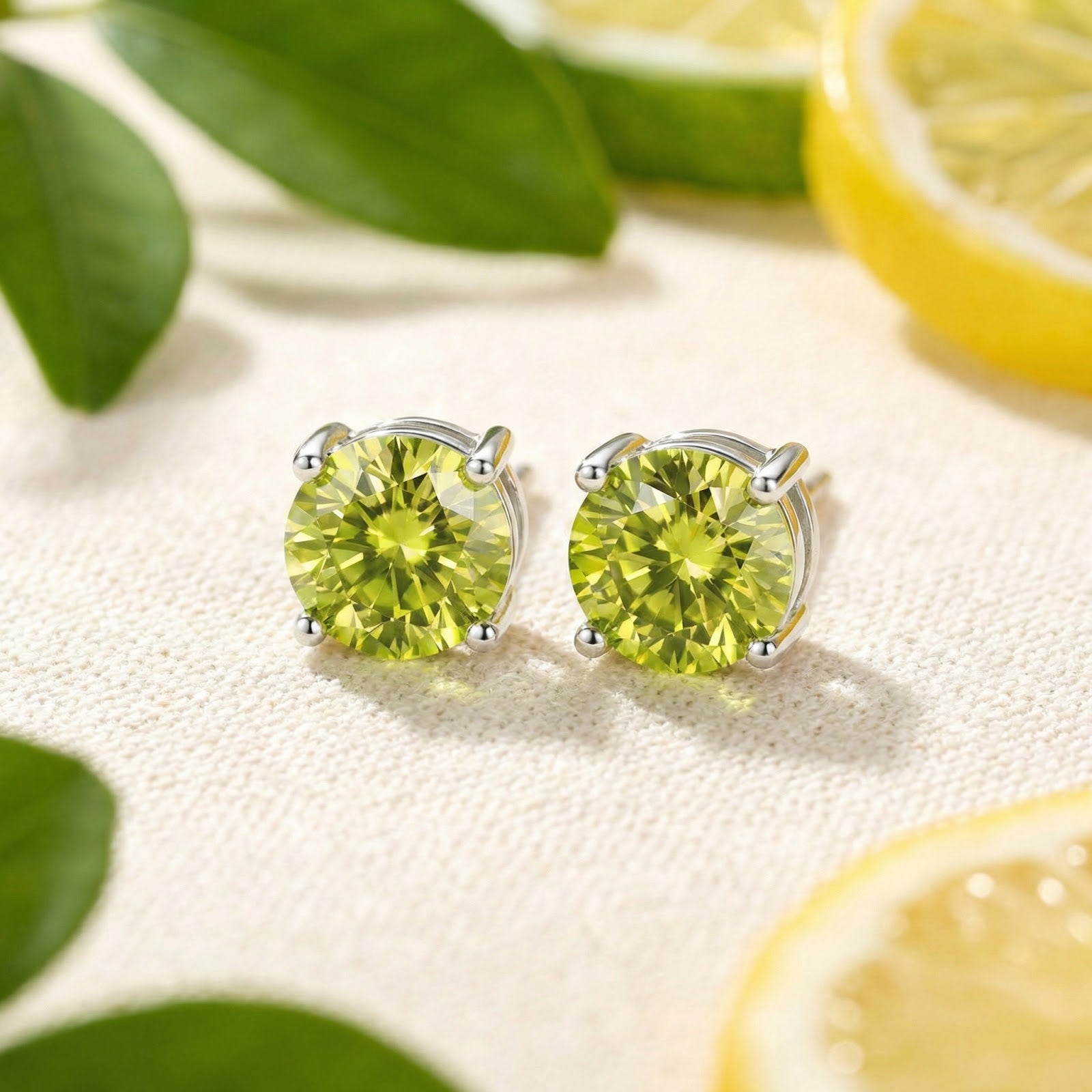 Round-cut simulated peridot stud earrings in sterling silver four-prong settings on a lifestyle background.