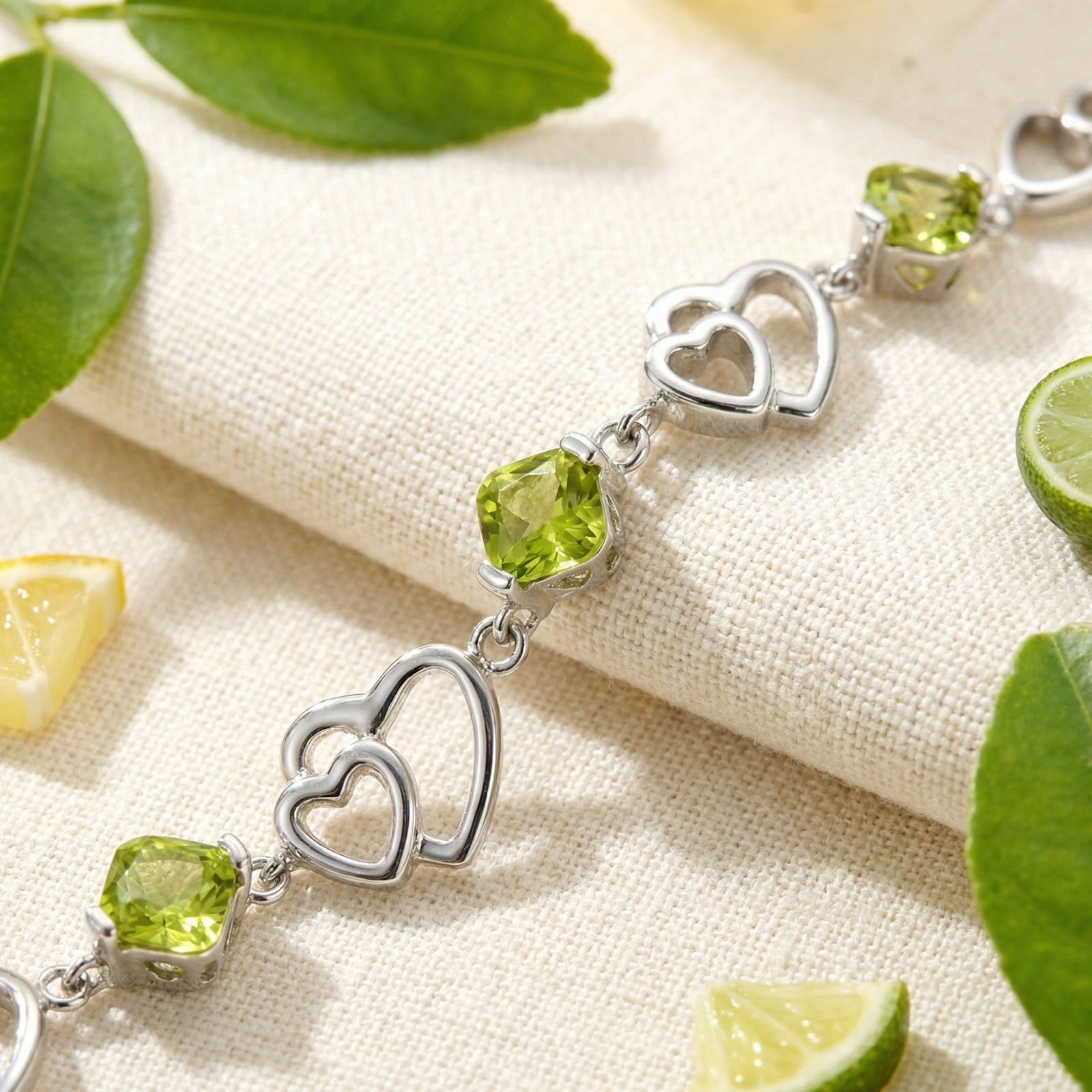 Close-up of sterling silver heart links and square-cut simulated peridot stones on the Perisella heart bracelet.