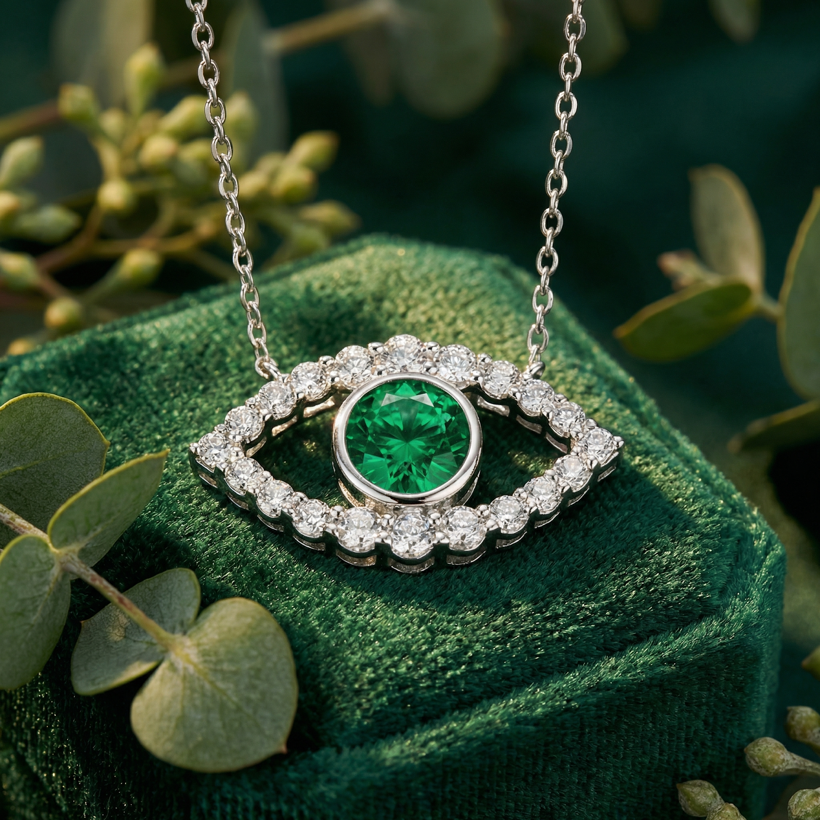 Macro view of the round cut simulated emerald and moissanite halo on the S925 sterling silver evil eye pendant.