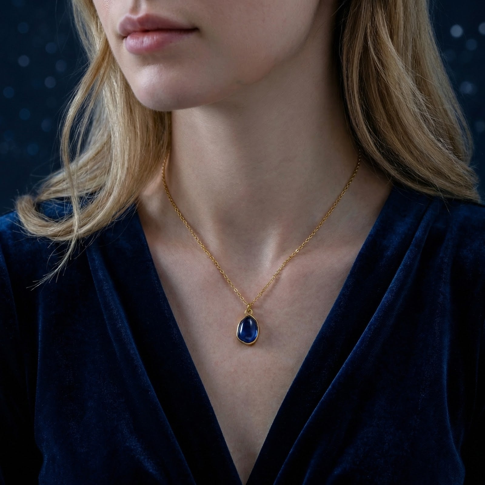 Woman wearing the gold-finished stainless steel Mariselle necklace with a royal blue simulated sapphire teardrop.