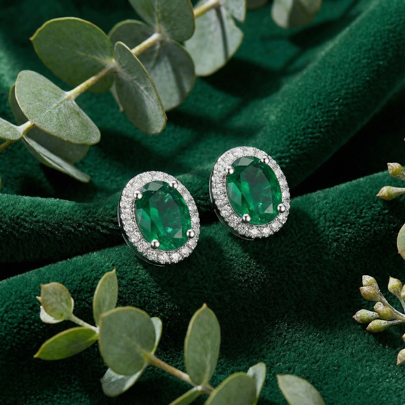 Pair of oval simulated emerald halo studs in S925 sterling silver on green velvet with eucalyptus leaves.