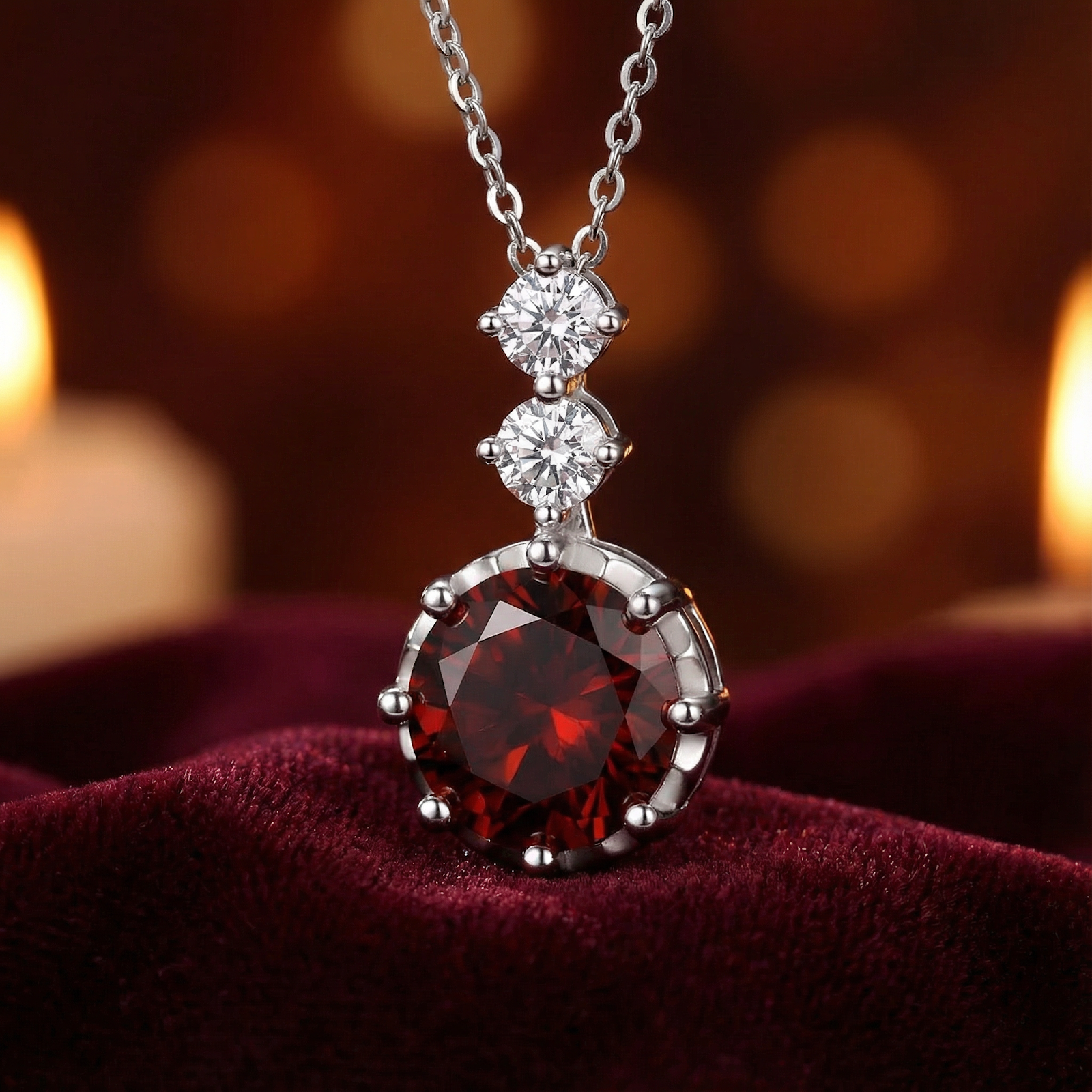 Round cut red garnet pendant on a silver chain, resting on red velvet with warm bokeh background.