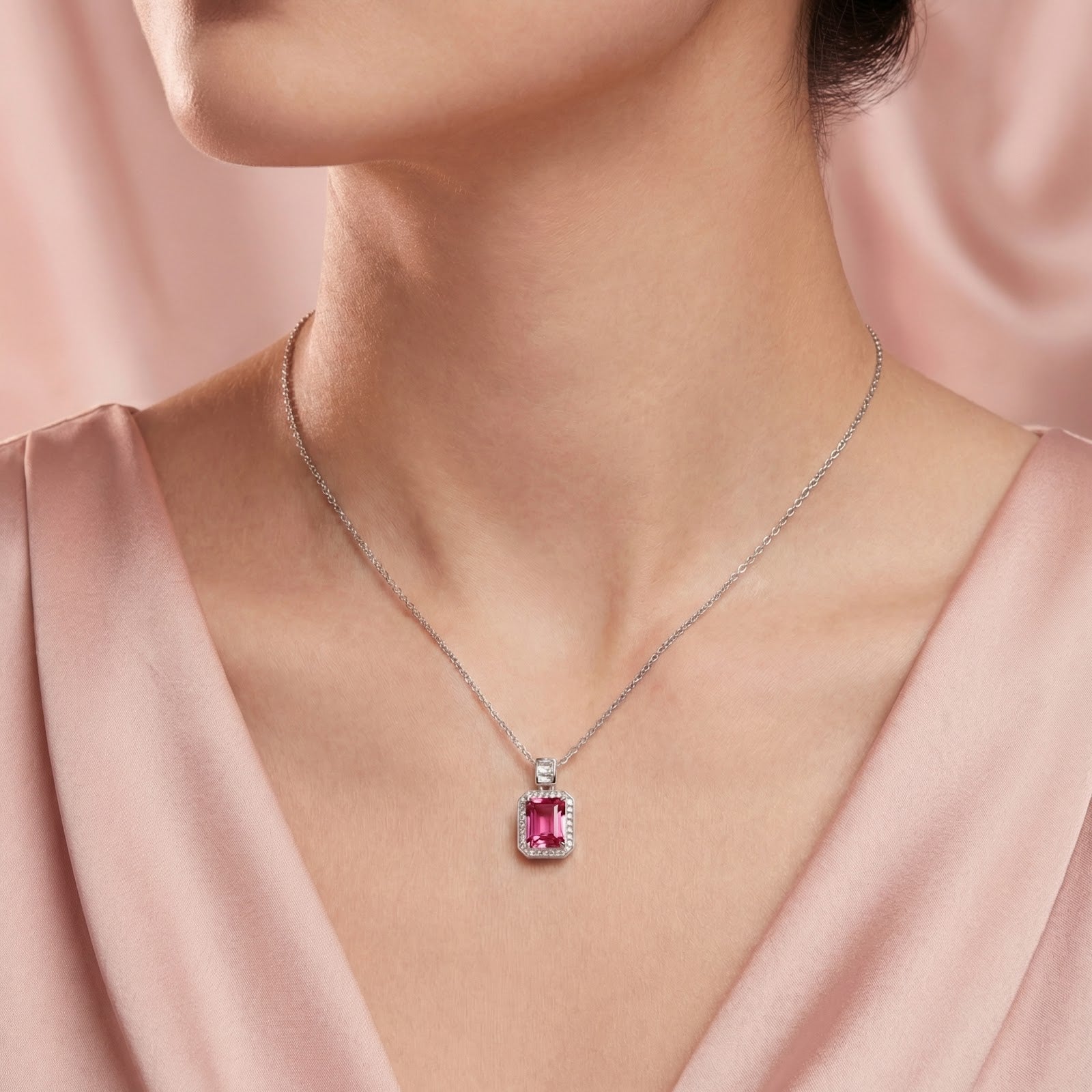 Model wearing the emerald cut pink tourmaline pendant necklace in sterling silver against a soft pink background.