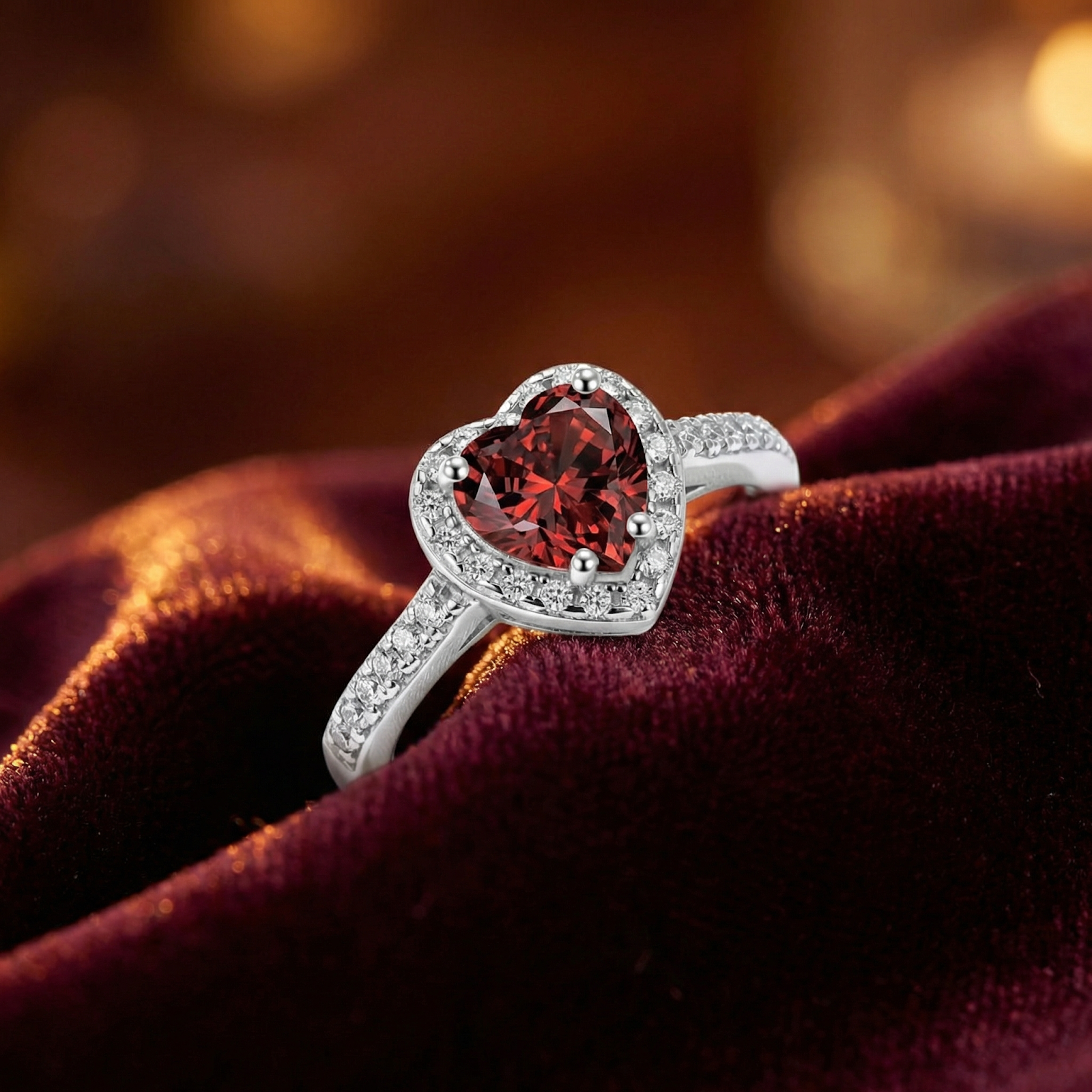 Heart-cut simulated garnet ring in S925 sterling silver resting on red velvet fabric.